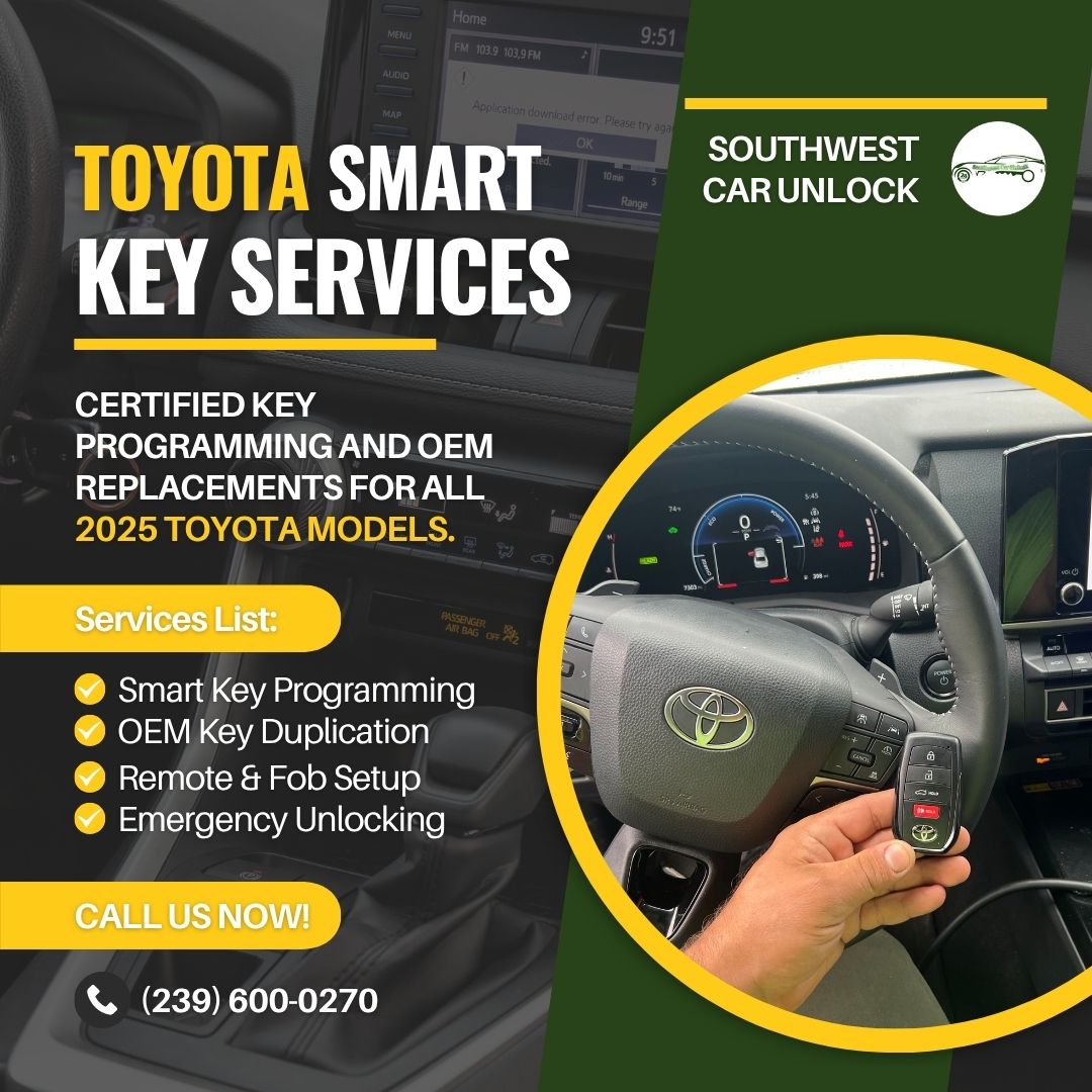 Toyota smart key programming service for 2025 models performed inside the vehicle by Southwest Car Unlock in Fort Myers, Florida.