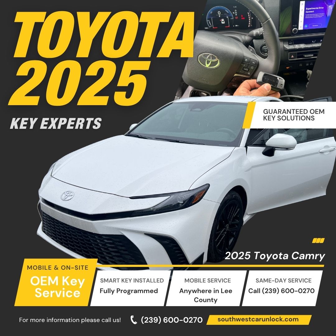 Southwest Car Unlock technician programming a smart key inside a 2025 Toyota Camry in Fort Myers, Florida.