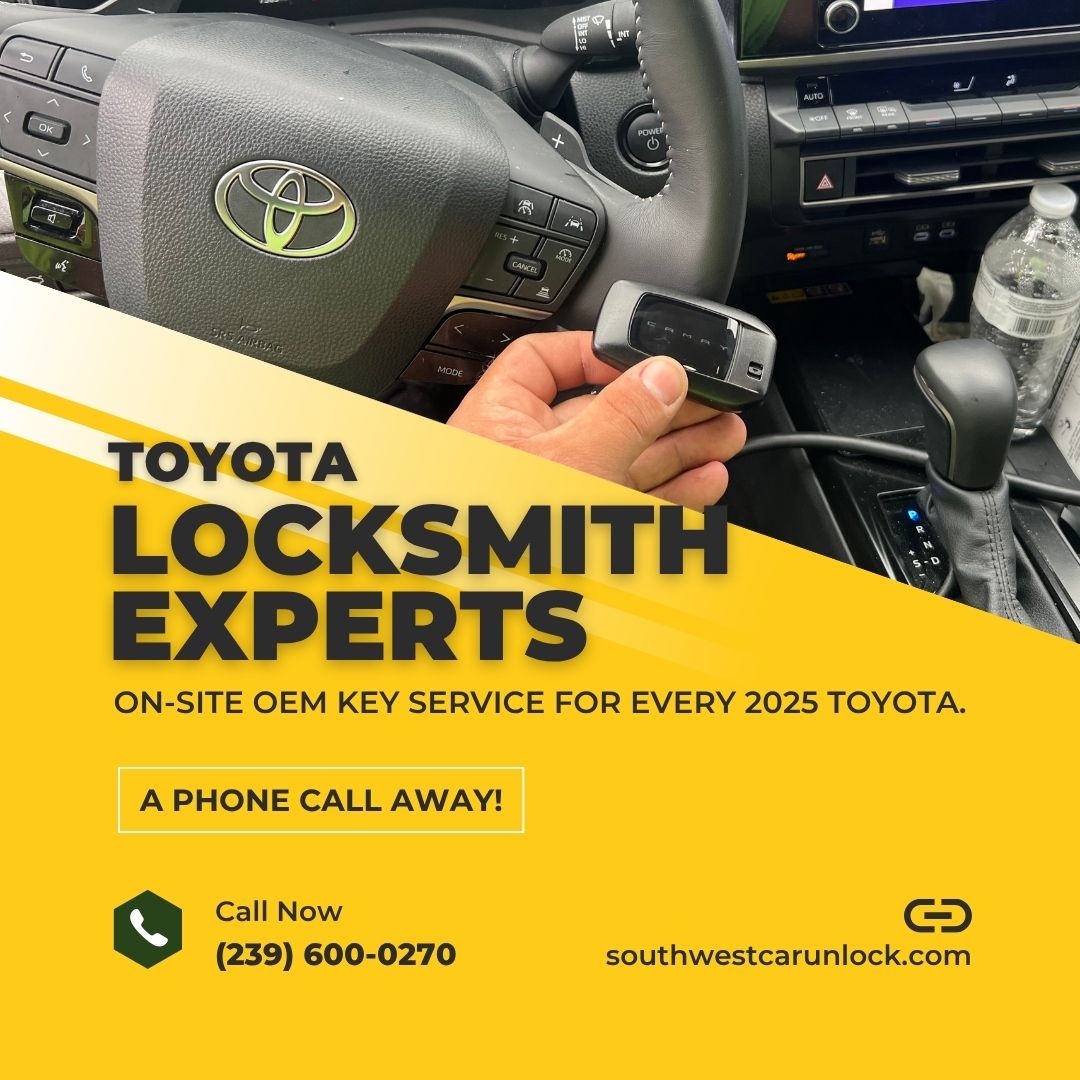 Certified locksmith programming a smart key inside a 2025 Toyota with Southwest Car Unlock’s green locksmith truck in Lee County.