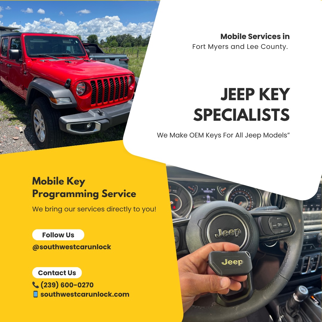 Technician holding a Jeep key fob inside a Jeep vehicle with a red Jeep Gladiator outside – Southwest Car Unlock mobile locksmith service in Fort Myers.