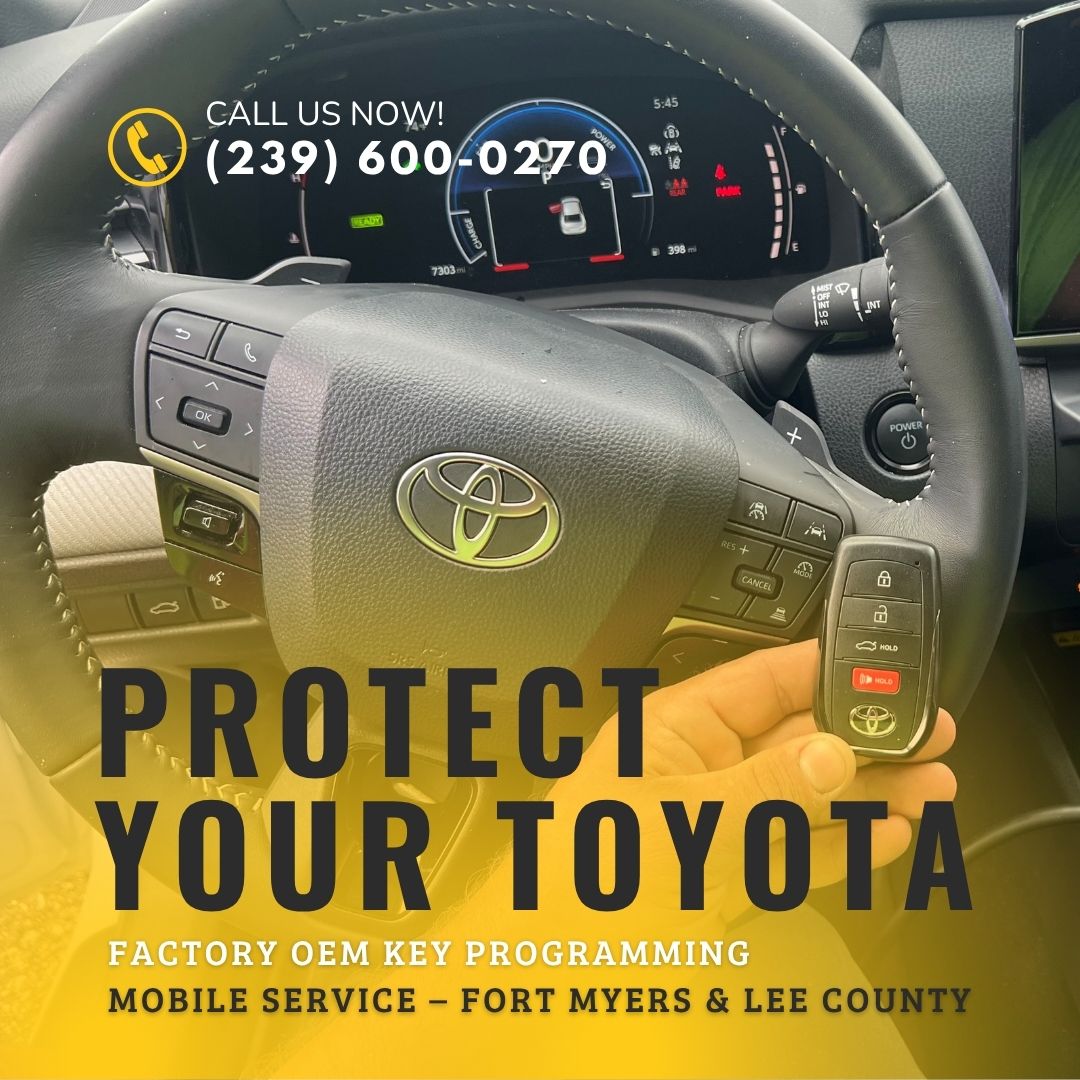 Hand holding a Toyota smart key fob inside vehicle with dashboard in view – Southwest Car Unlock mobile locksmith service