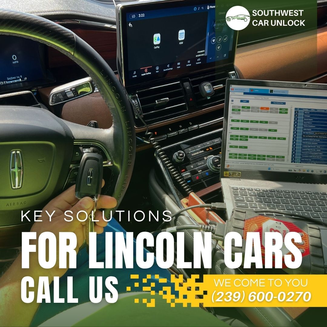 Hand holding Lincoln car key with laptop connected to vehicle for OEM key programming – Southwest Car Unlock mobile locksmith
