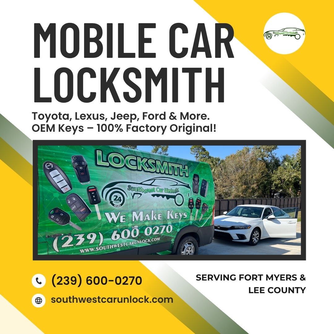 Green locksmith van from Southwest Car Unlock parked with a white sedan, offering mobile car key services in Fort Myers and Lee County.