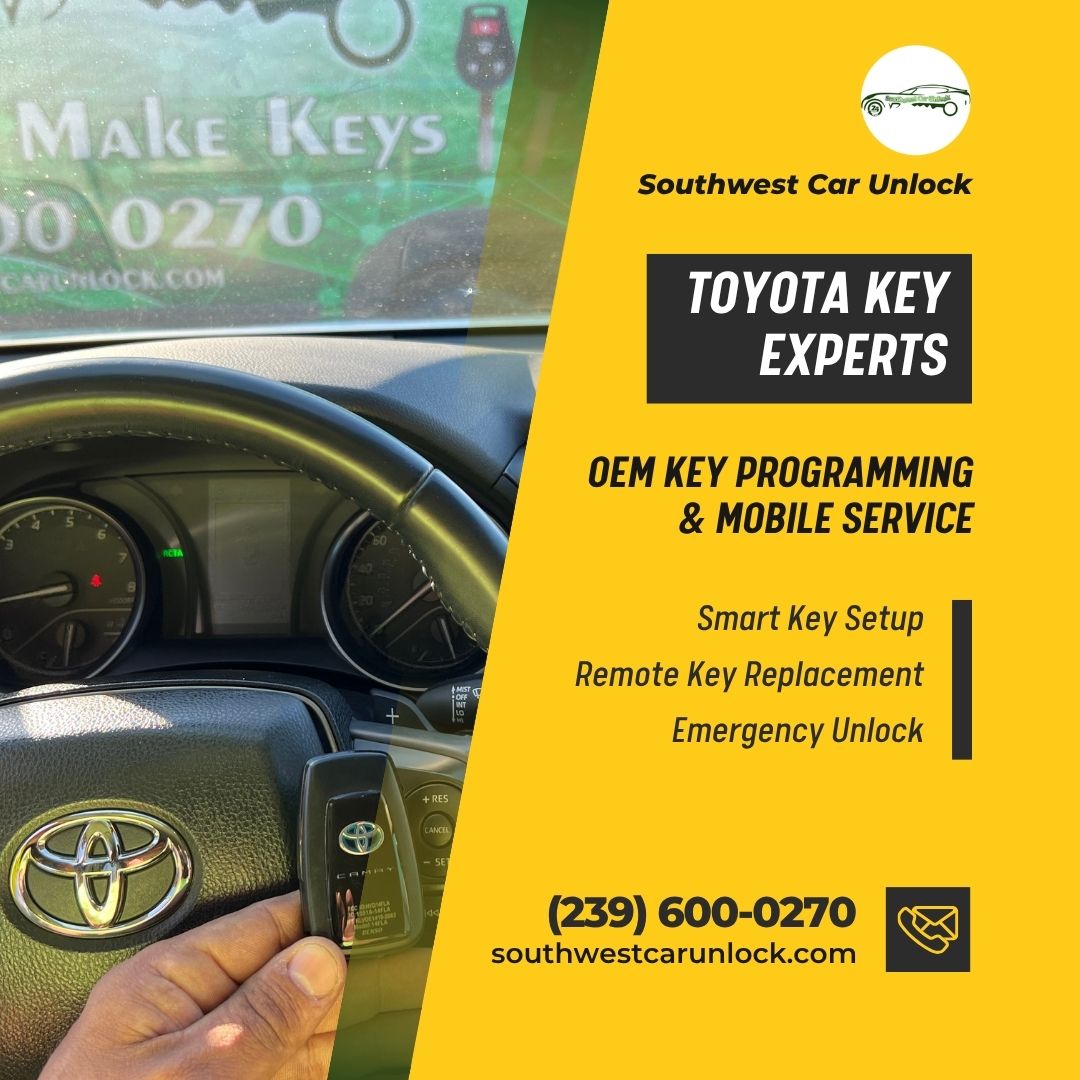 Toyota smart key replacement and programming with Southwest Car Unlock mobile locksmith service – Fort Myers, Florida