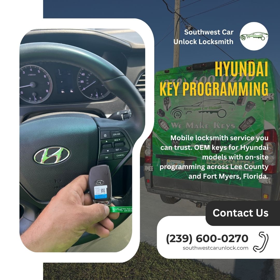 Mobile locksmith programming OEM Hyundai key with green locksmith truck in background – Fort Myers, FL