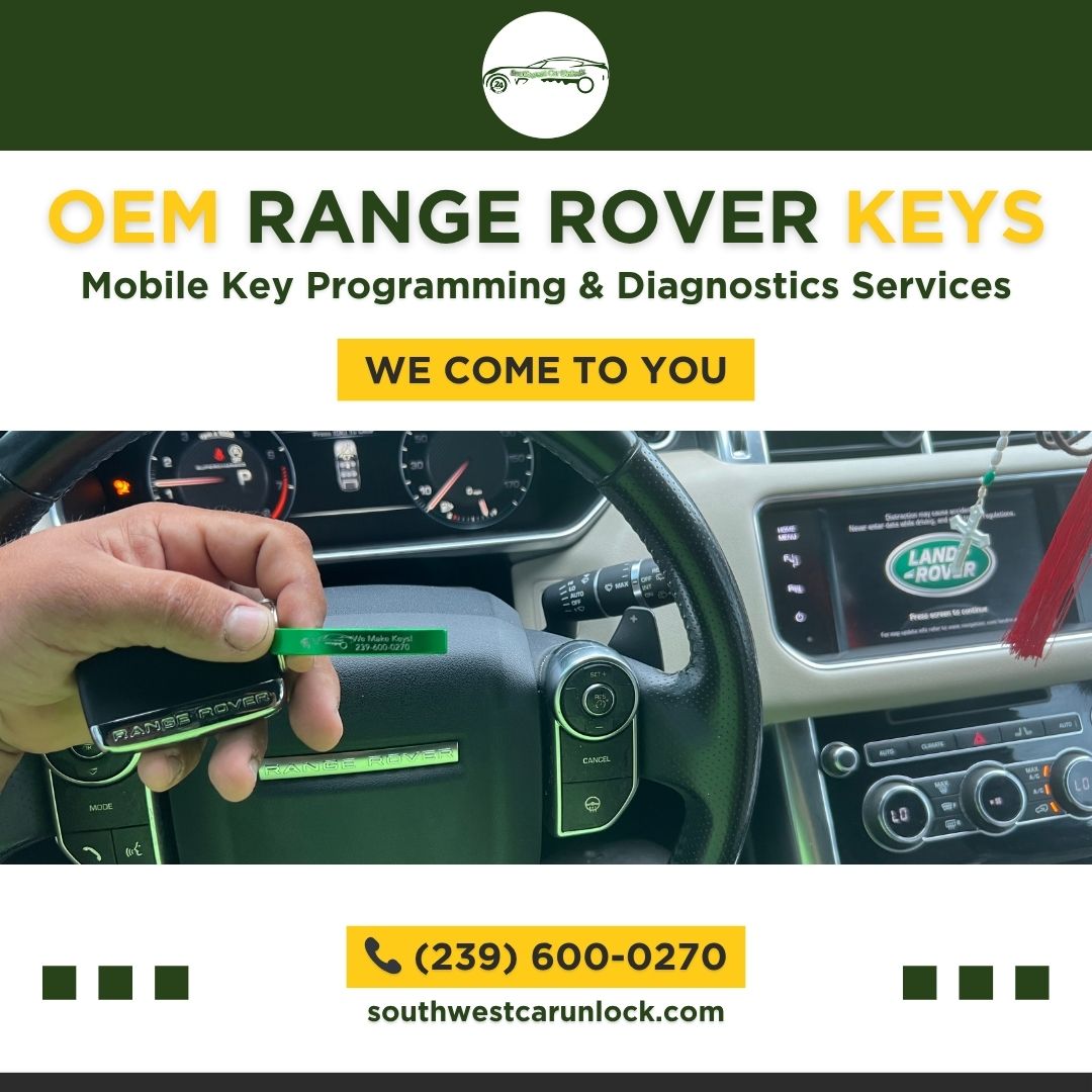 Locksmith holding a programmed OEM Range Rover key inside a Range Rover dashboard, Southwest Car Unlock mobile locksmith service in Fort Myers FL.