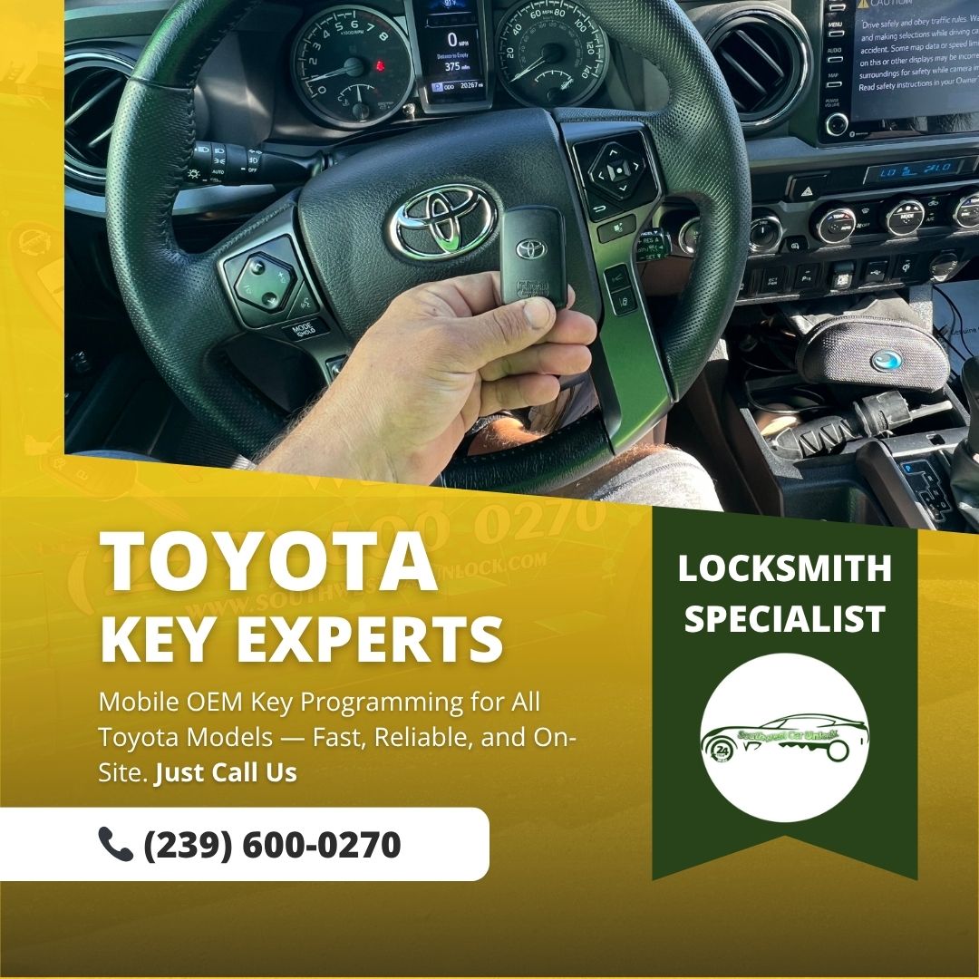 Mobile locksmith holding a Toyota smart key inside Toyota dashboard – Southwest Car Unlock serving Fort Myers, FL.