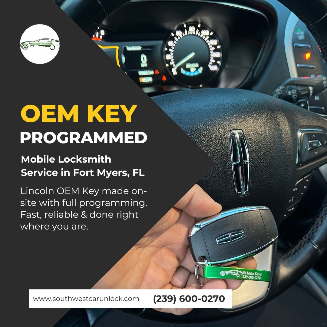 Lincoln steering wheel with OEM key programmed by mobile locksmith in Fort Myers, Florida.