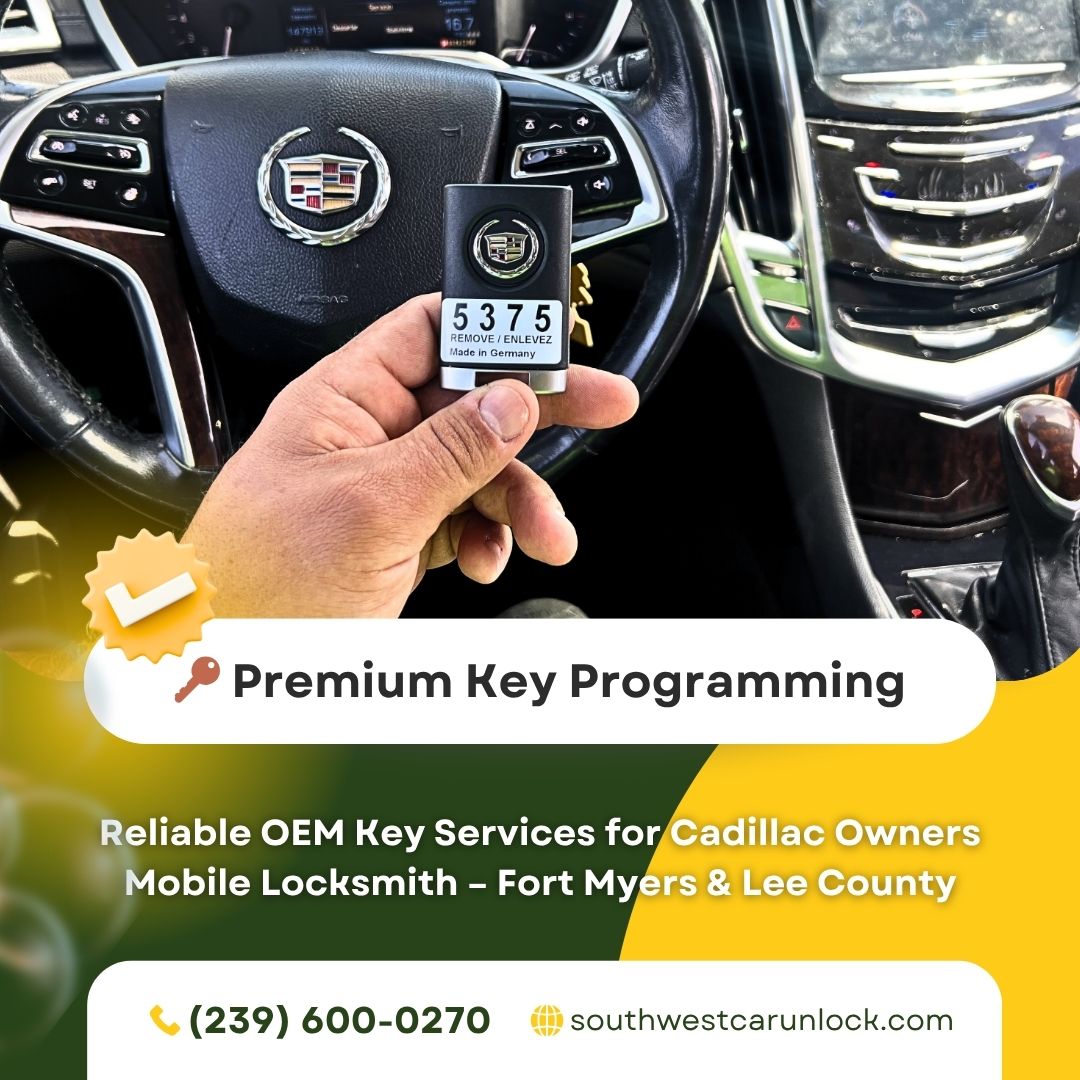 Hand holding Cadillac OEM key fob in front of Cadillac steering wheel, programmed by mobile locksmith in Fort Myers.