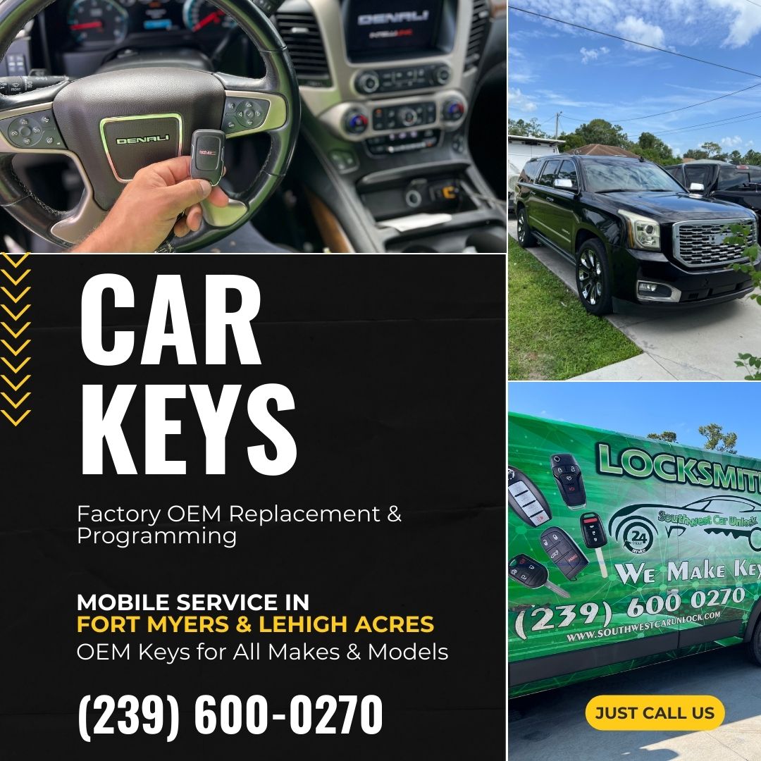 Mobile locksmith Fort Myers & Lehigh Acres β OEM car key replacement, programming & car unlock service. Locksmith green truck Lehigh, Camiones verdes en la lee.