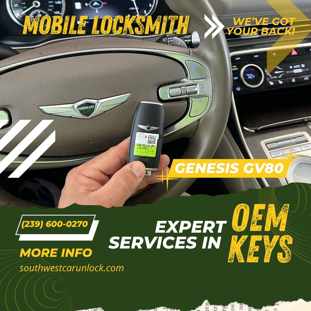Genesis GV80 OEM key service by Southwest Car Unlock – mobile locksmith in Fort Myers with green locksmith truck.