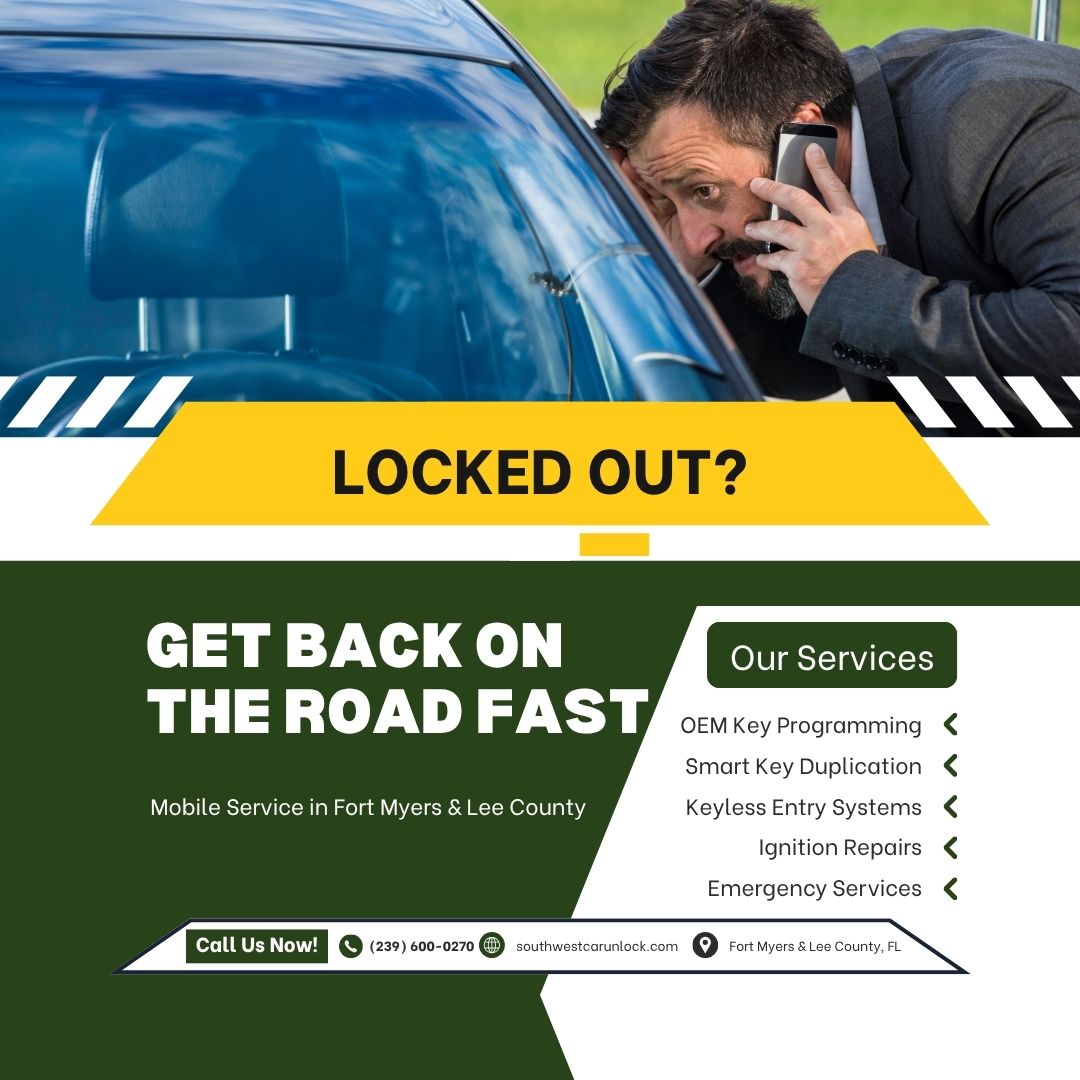 Mobile locksmith Fort Myers & Lehigh Acres – emergency lockout, smart key programming, ignition repair, Locksmith green truck Lehigh, Camiones verdes en la lee.