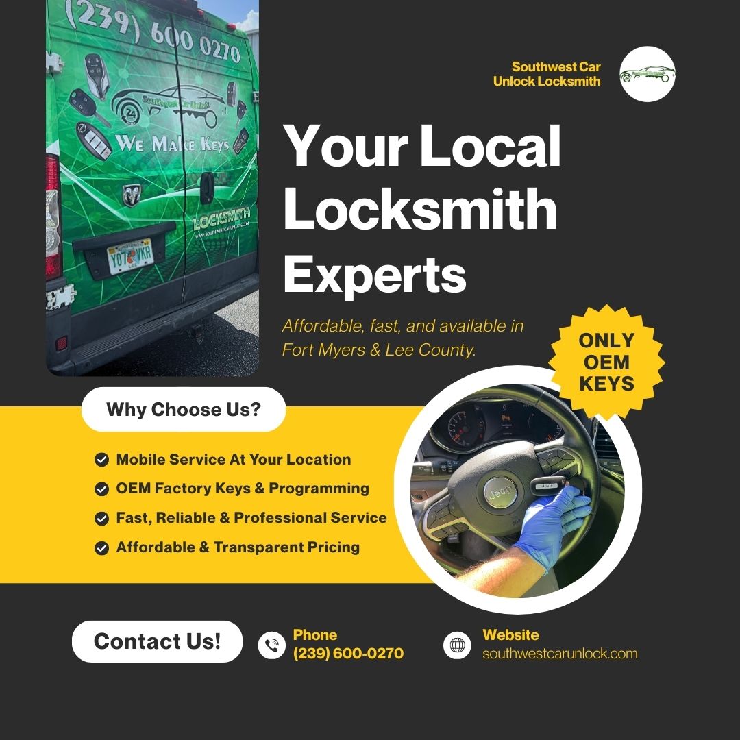 Mobile locksmith Fort Myers & Lehigh Acres – OEM keys, car key programming, ignition repair, Locksmith green truck Lehigh, Camiones verdes en la lee.