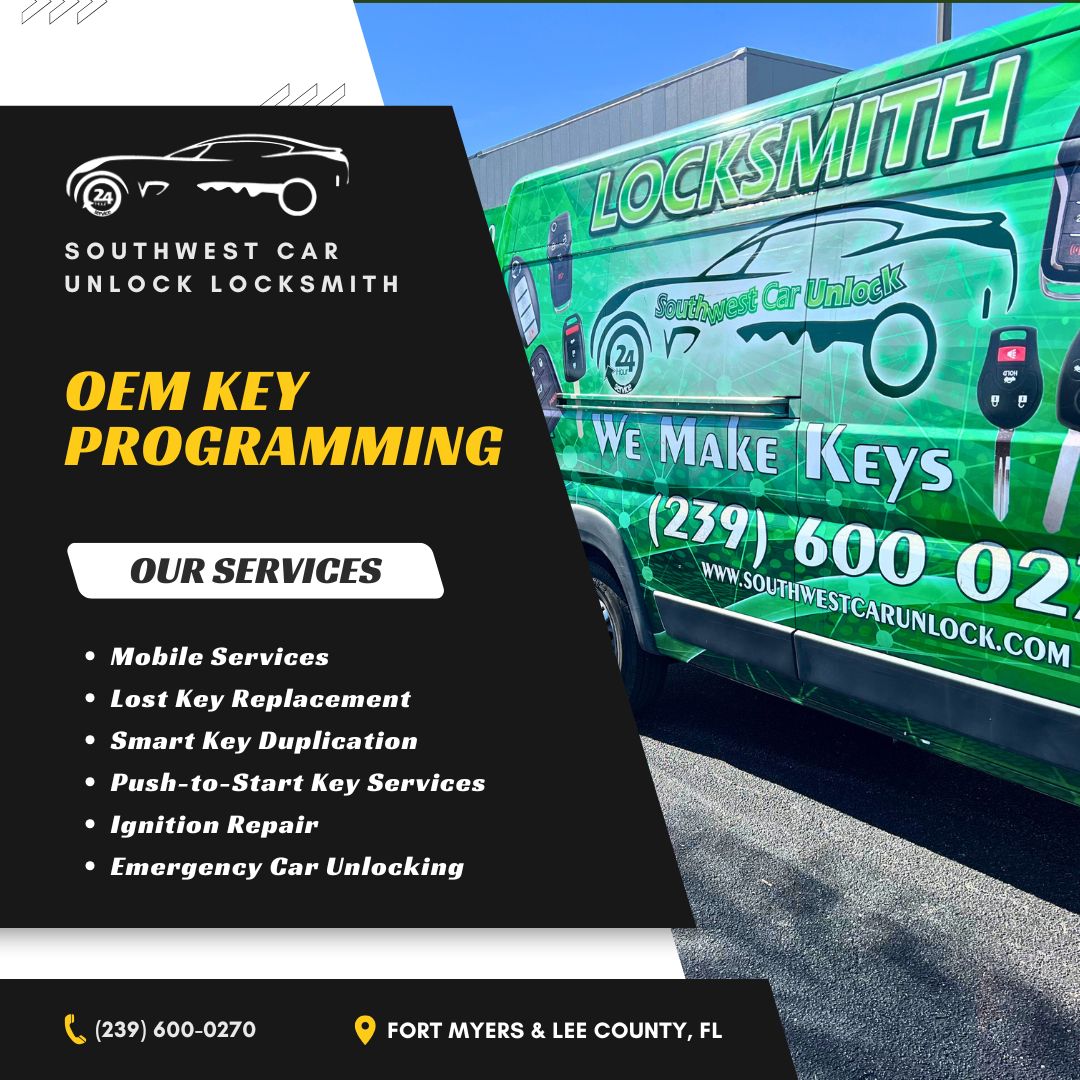 Southwest Car Unlock green locksmith van offering OEM key programming and emergency services in Fort Myers, Florida.