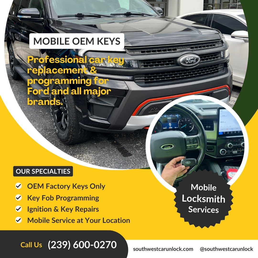 Ford OEM key replacement & locksmith service in Fort Myers & Lehigh by Southwest Car Unlock. Locksmith green truck on Lee Blvd, Trocas verdes de llaves.