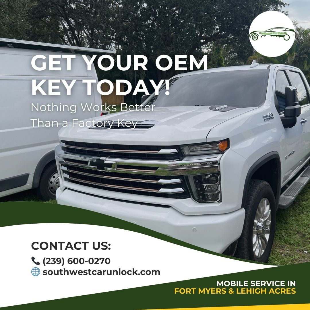 Mobile locksmith Fort Myers & Lehigh Acres – OEM key replacement, programming & emergency locksmith. Locksmith green truck Lehigh, Camiones verdes en la lee.