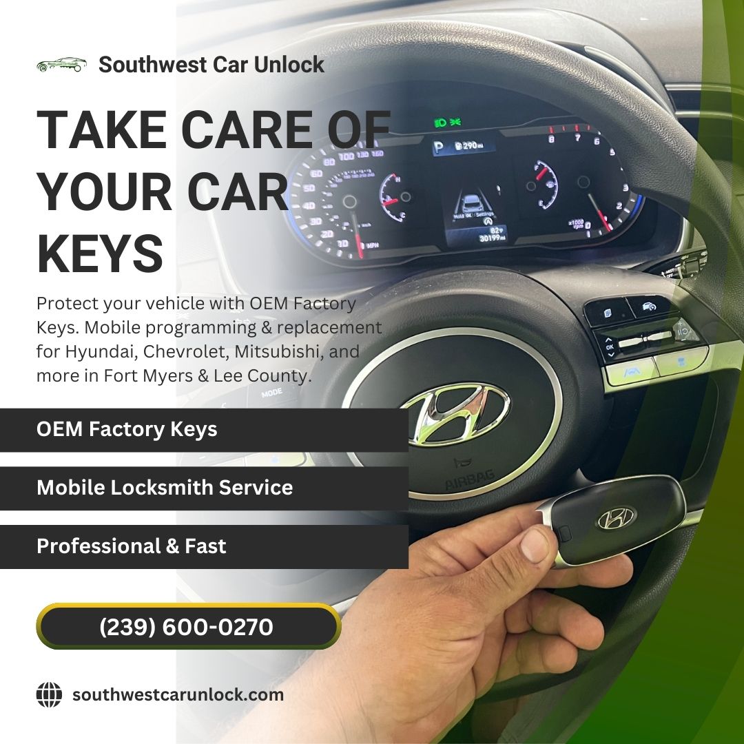 Mobile locksmith Fort Myers & Lehigh Acres – OEM factory keys for Hyundai, Chevrolet, Mitsubishi & more. Locksmith green truck Lehigh, Camiones verdes en la lee.
