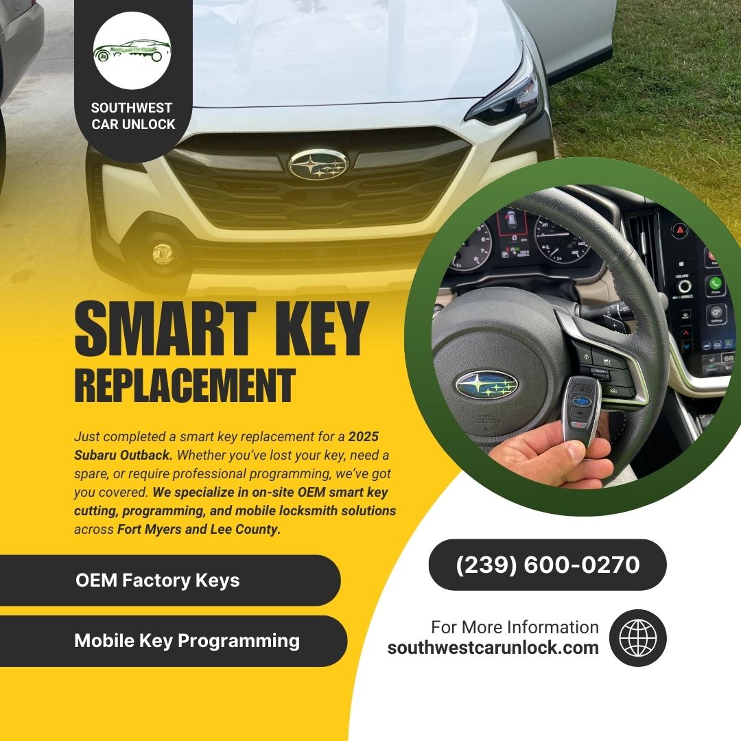 Smart Key Replacement for 2025 Subaru Outback by Southwest Car Unlock – Mobile Locksmith in Fort Myers & Lehigh Acres – OEM Keys Only.