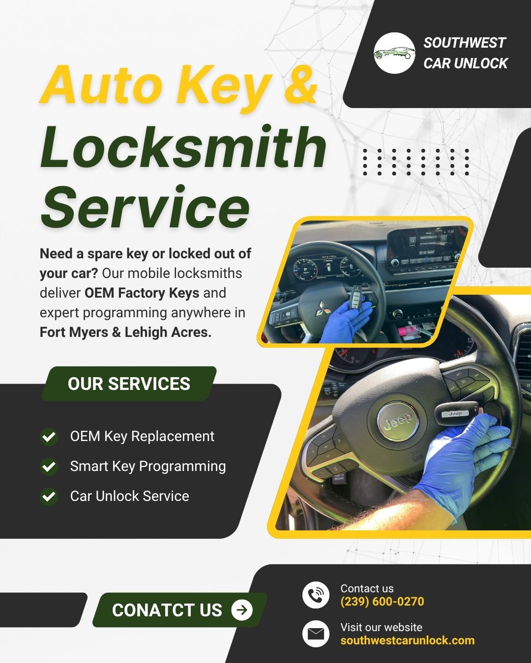 Mobile auto locksmith in Fort Myers & Lehigh Acres. Southwest Car Unlock – OEM car key replacement, smart key programming & emergency lockout services. Locksmith green truck Lehigh