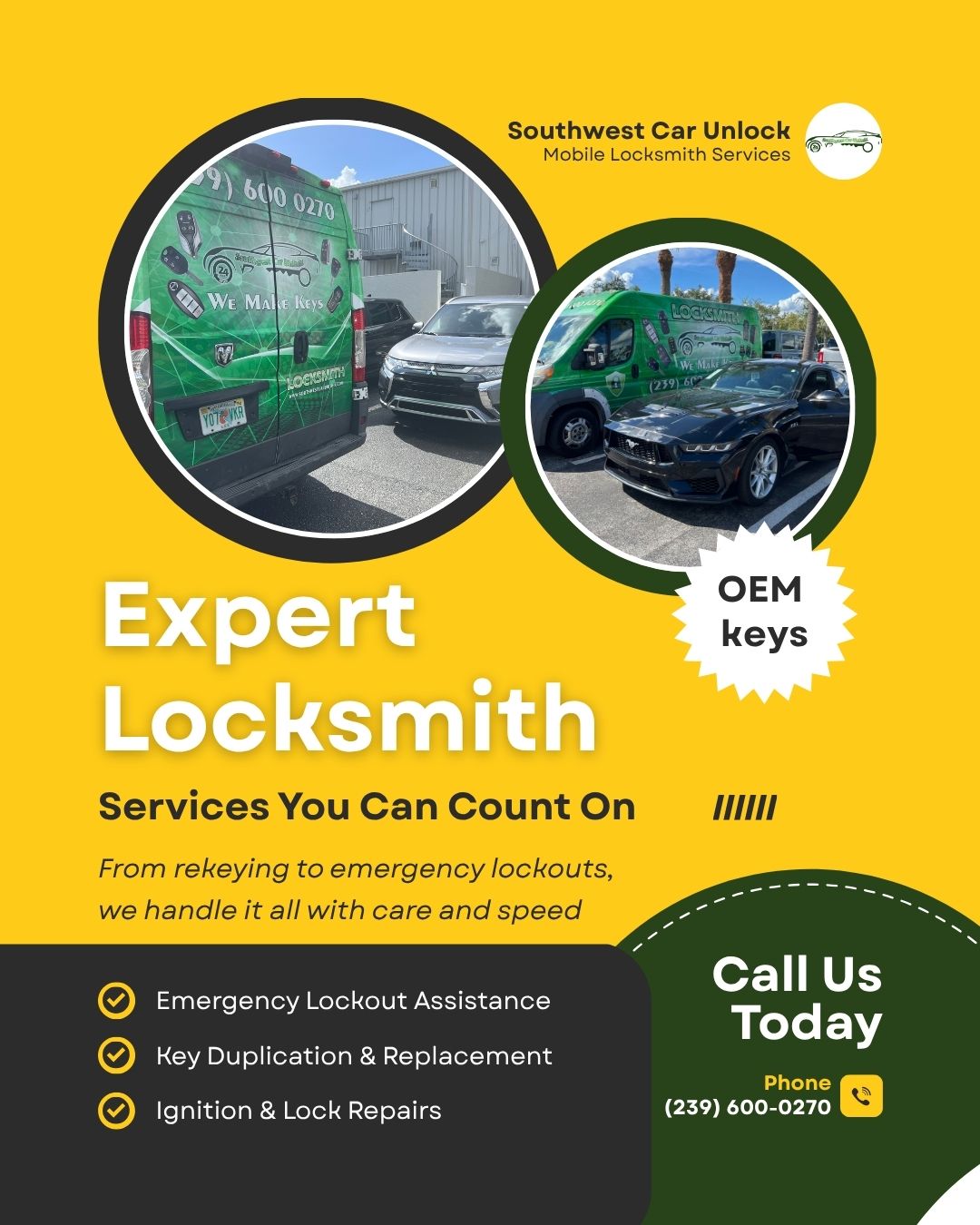 Mobile locksmith in Fort Myers & Lehigh Acres. Southwest Car Unlock – Emergency car unlocks, OEM key duplication & ignition repairs. Locksmith green truck Lehigh.