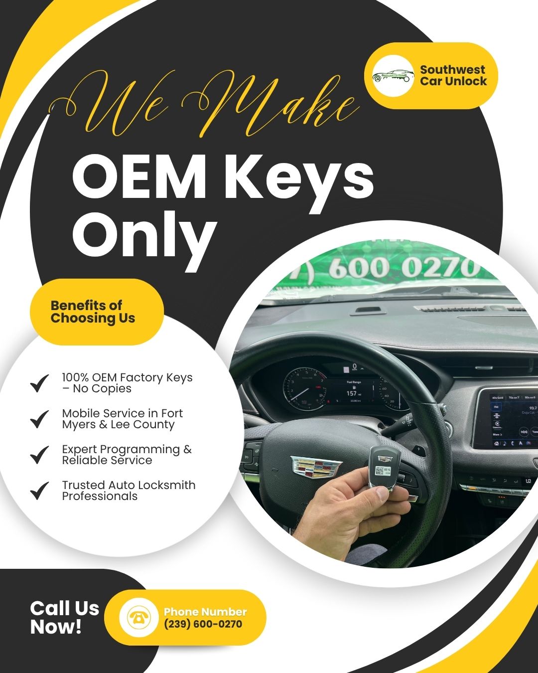 Southwest Car Unlock – Mobile locksmith in Fort Myers & Lehigh Acres providing OEM factory car keys only. Locksmith green truck Lehigh.
