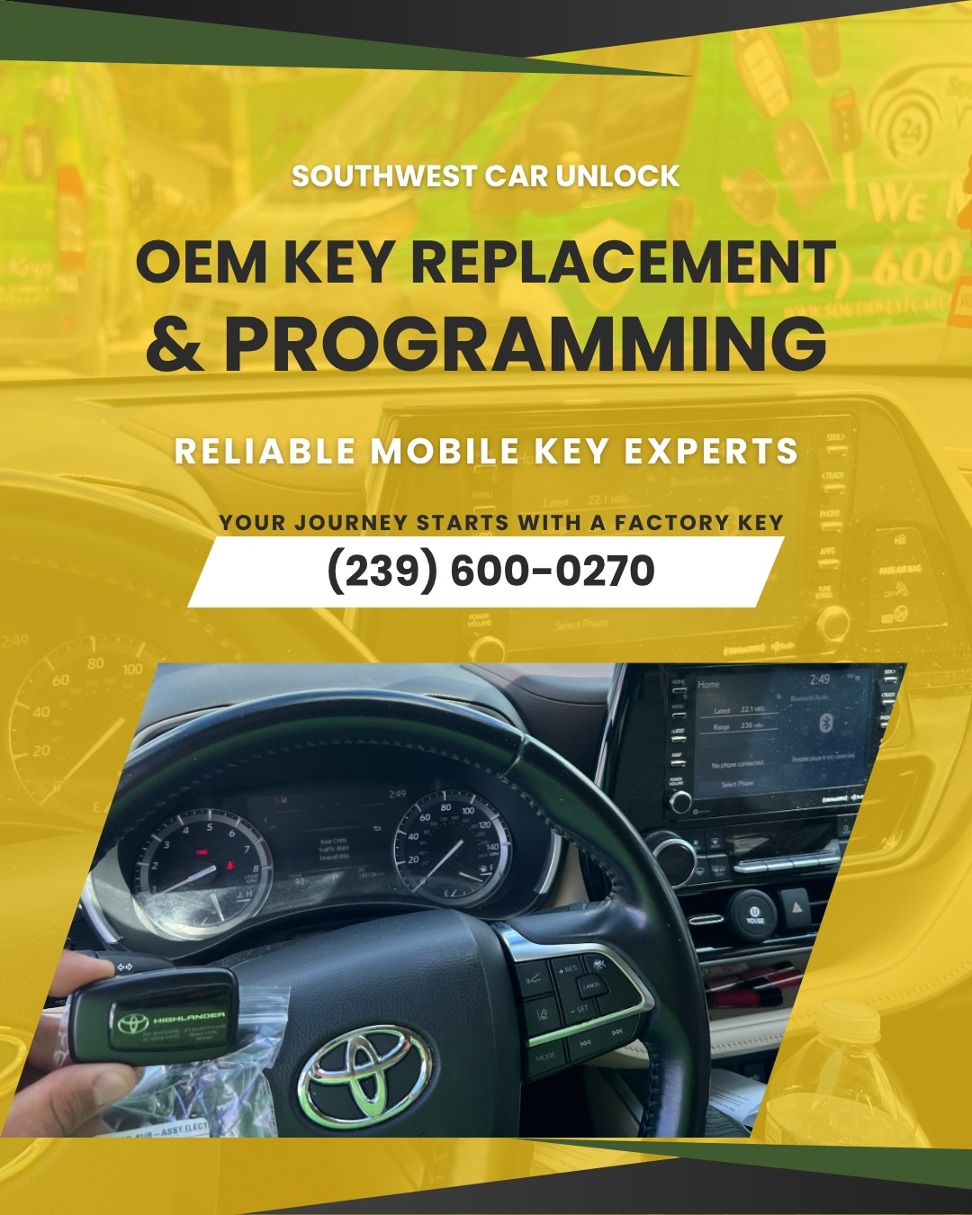 Southwest Car Unlock mobile locksmith programming OEM car keys for Toyota and other brands in Fort Myers & Lehigh Acres. Locksmith green truck Lehigh.