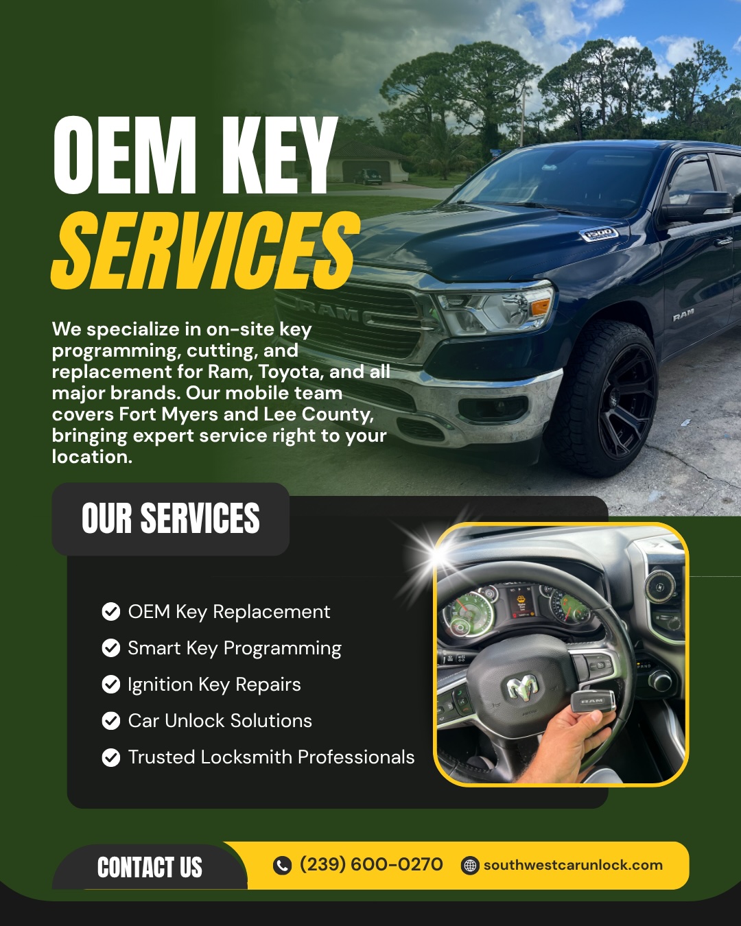 Southwest Car Unlock – mobile locksmith in Fort Myers & Lehigh Acres specializing in OEM key programming and replacement for RAM and other brands. Locksmith green truck Lehigh.