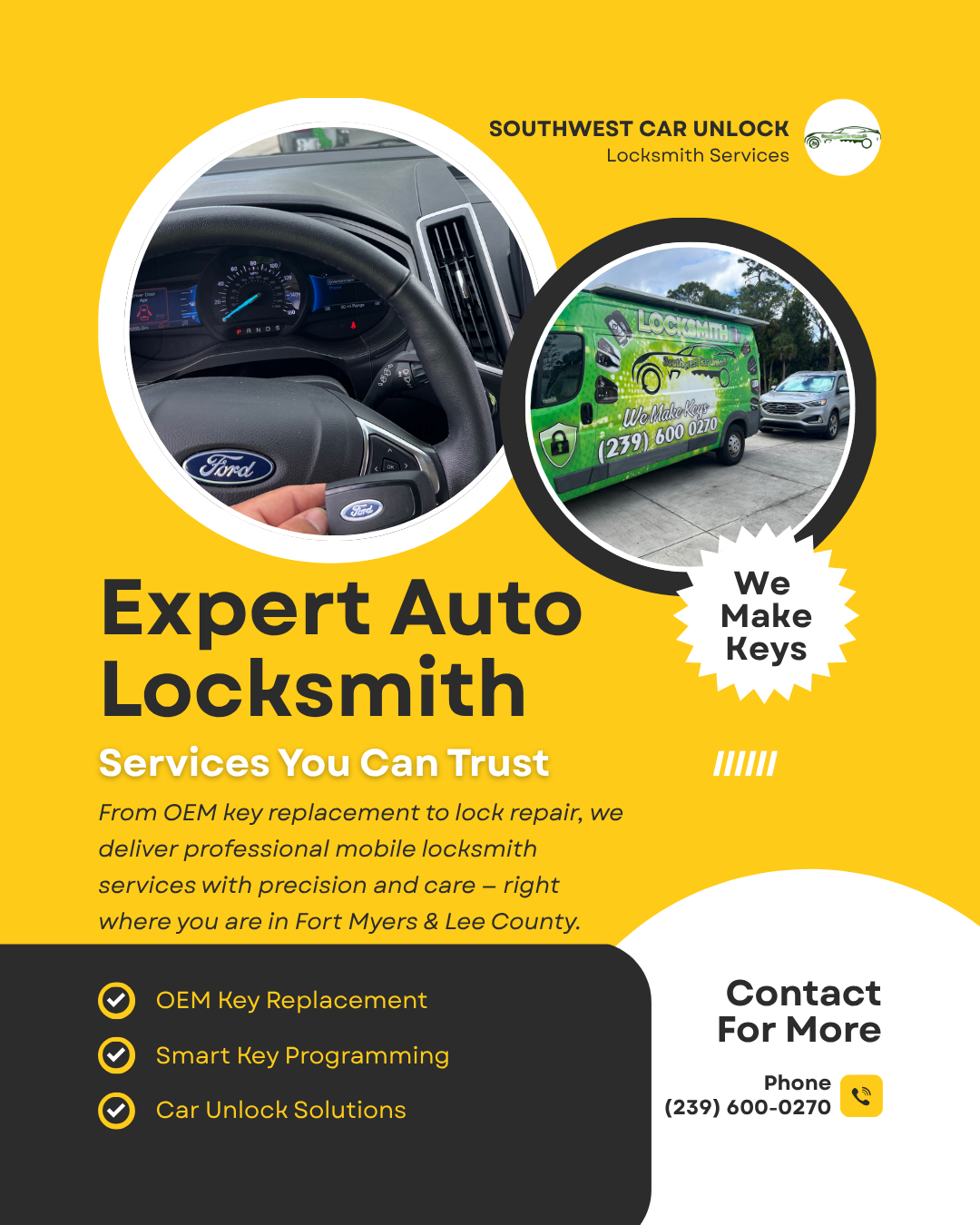 Southwest Car Unlock – Expert mobile locksmith for cars in Fort Myers & Lehigh Acres. Locksmith green truck Lehigh.