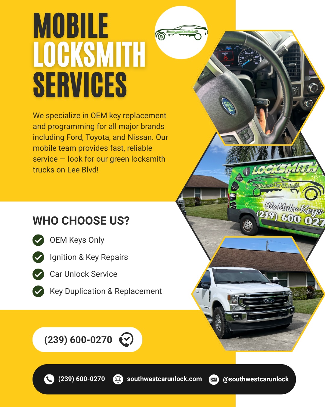 Southwest Car Unlock – Mobile locksmith services with OEM key programming in Fort Myers & Lehigh Acres. Locksmith green truck Lehigh on Lee Blvd.