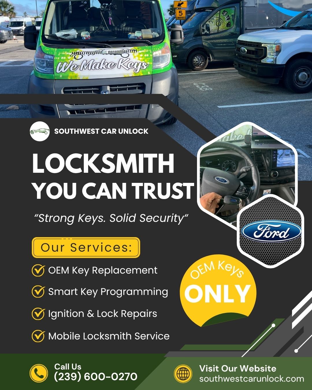 Southwest Car Unlock – Trusted locksmith for Ford vehicles in Fort Myers & Lehigh Acres. Locksmith green truck Lehigh on Lee Blvd.