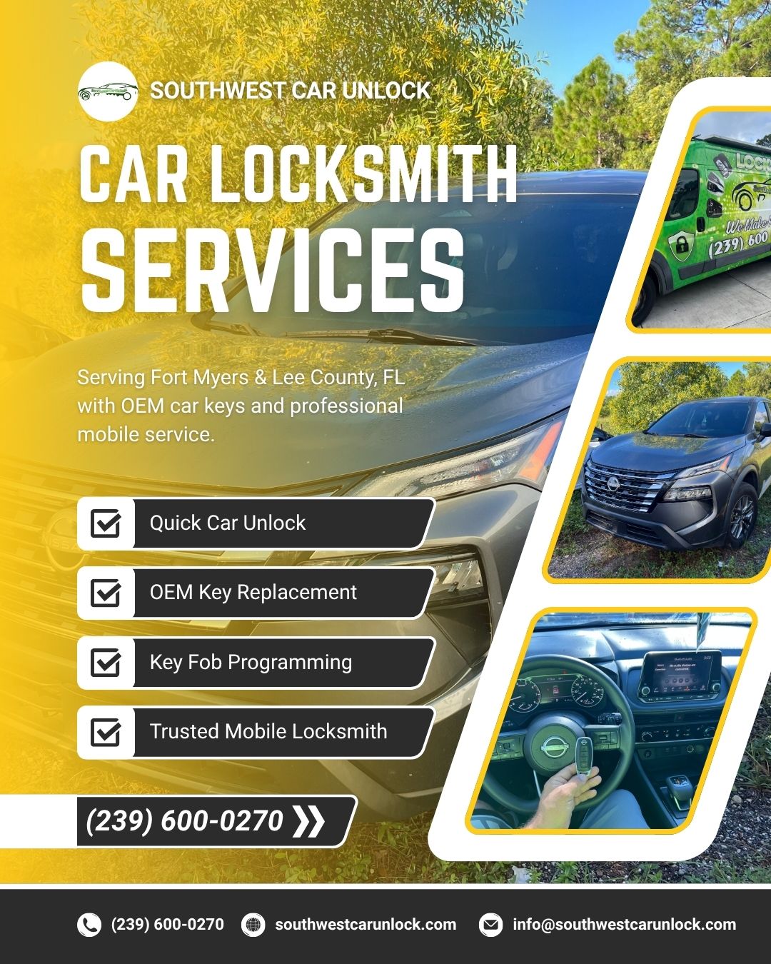 Southwest Car Unlock – Car locksmith service for Nissan vehicles in Fort Myers & Lehigh Acres. Locksmith green truck Lehigh on Lee Blvd.