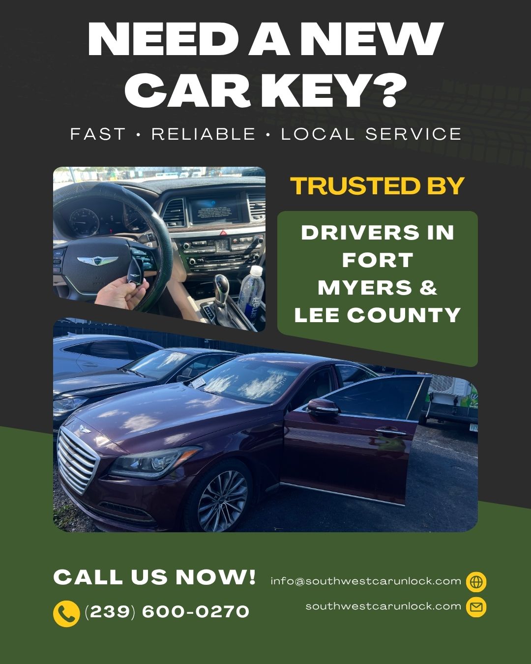 Southwest Car Unlock β Need a new car key? Mobile locksmith service in Fort Myers & Lee County. Locksmith green truck Lehigh.