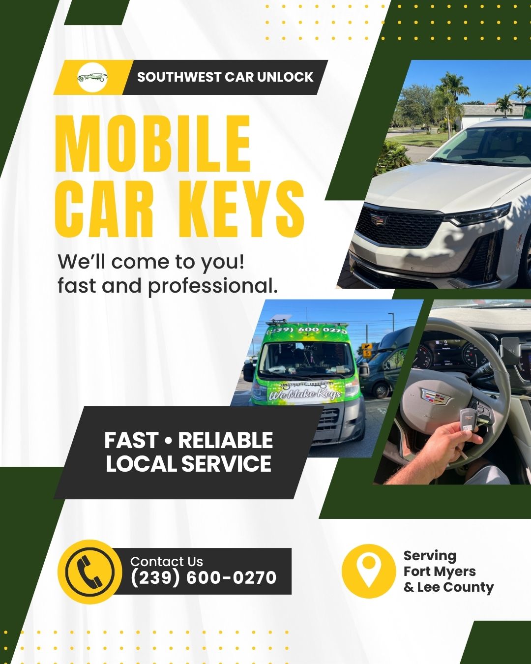 Southwest Car Unlock – Mobile car key locksmith service in Fort Myers & Lehigh Acres. Locksmith green truck Lehigh.