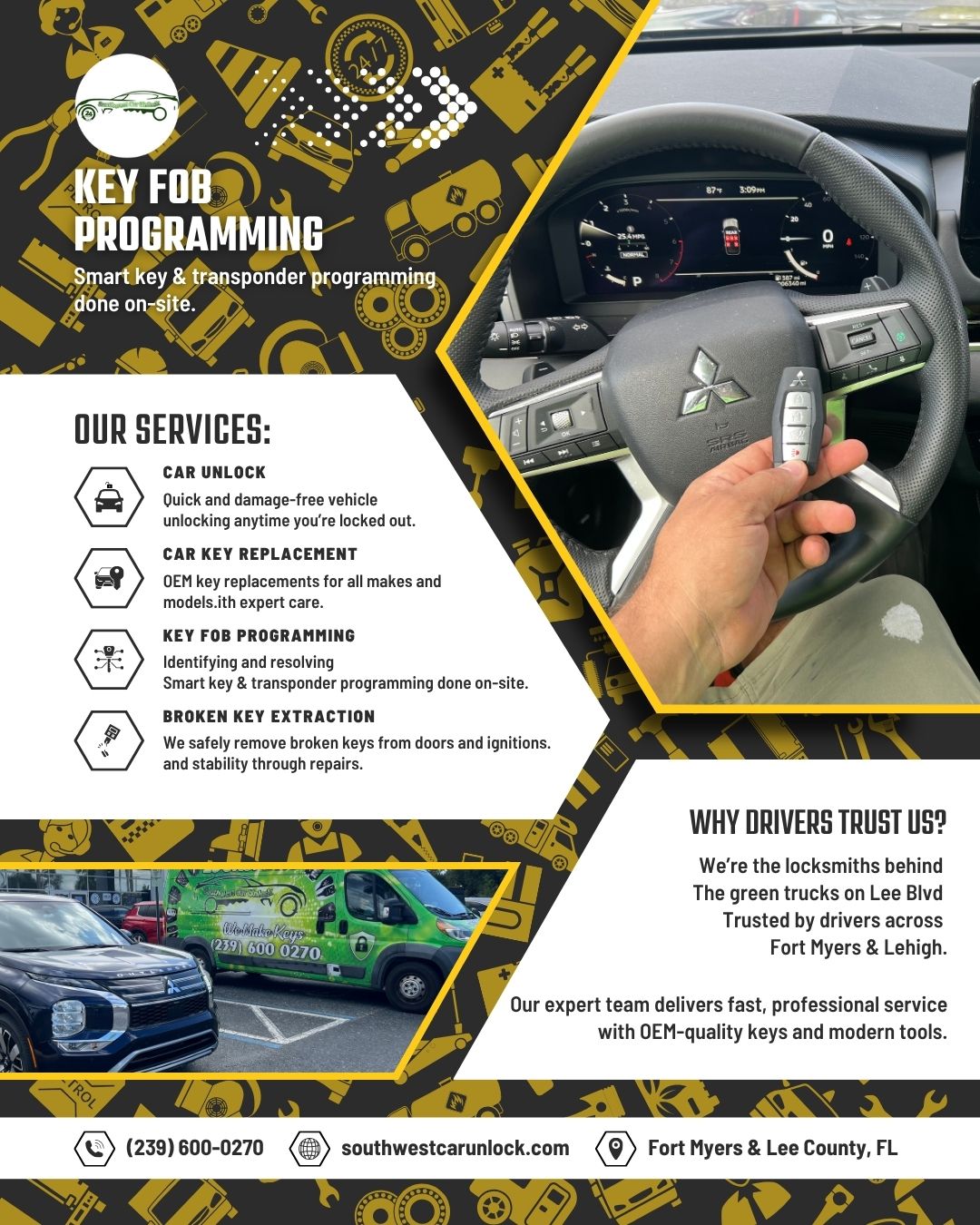 Southwest Car Unlock mobile locksmith programming a Mitsubishi key fob with green locksmith truck on Lee Blvd.