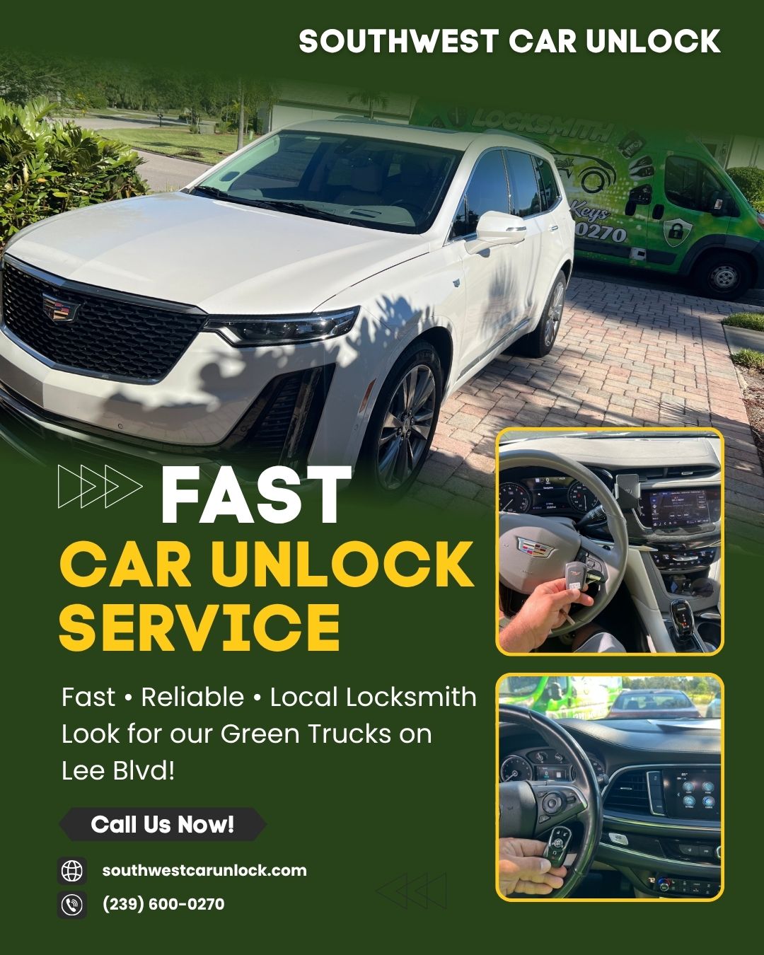 Southwest Car Unlock technician unlocking Cadillac using OEM key with green locksmith truck on Lee Blvd.