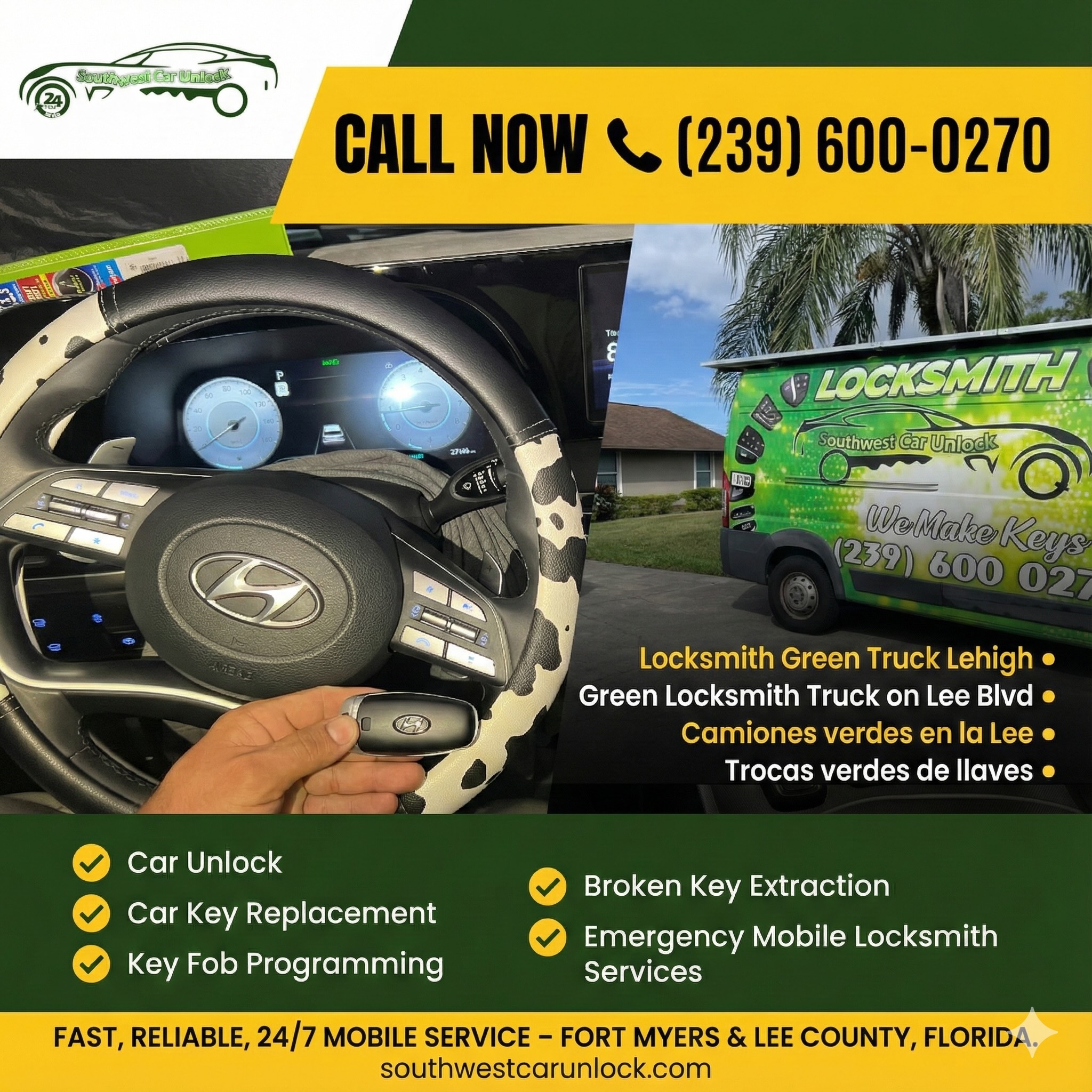 Green locksmith truck and technician programming an OEM car key in Fort Myers and Lehigh Acres, Florida.
