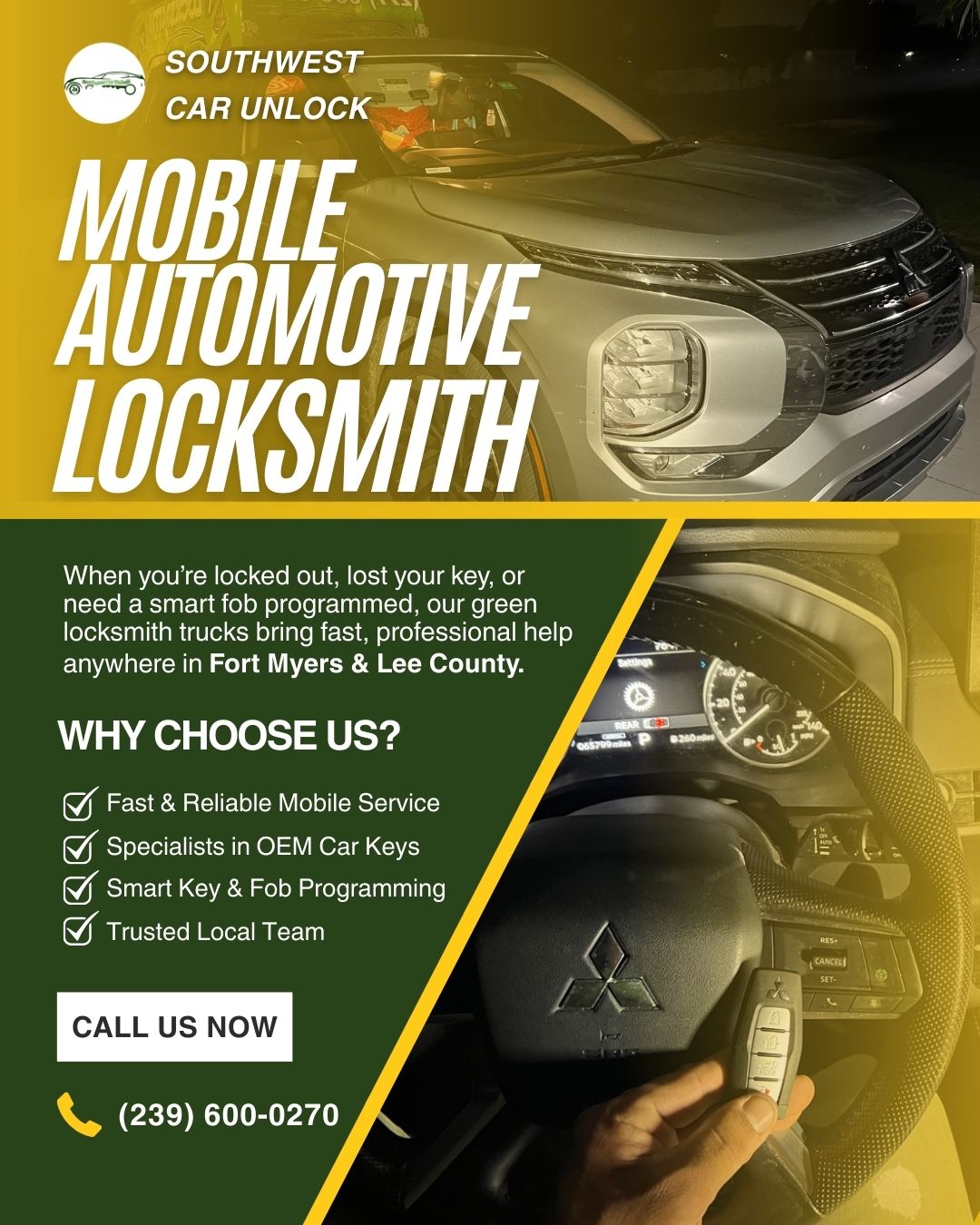 Green locksmith truck and technician programming OEM car key in Fort Myers and Lehigh Acres.