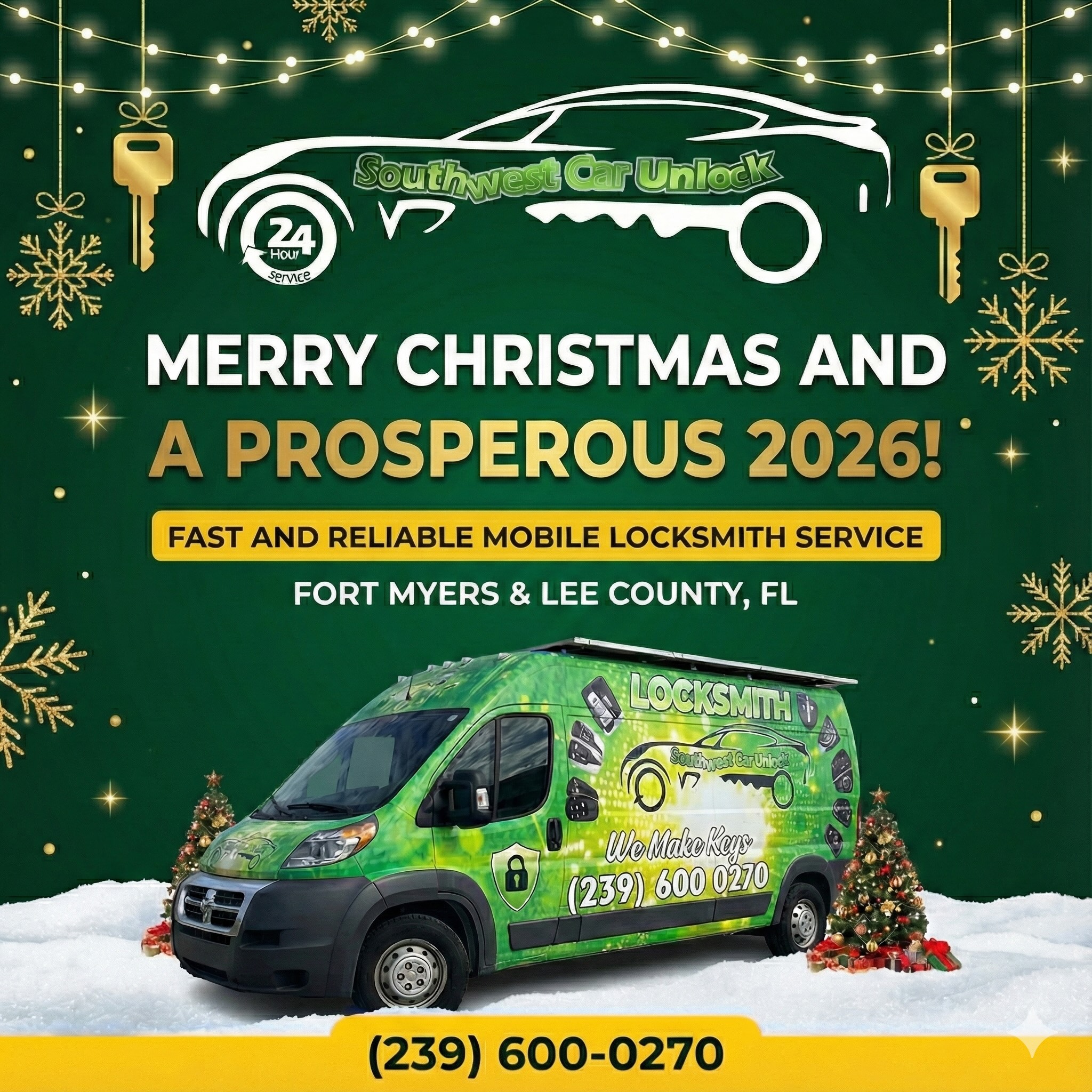 Southwest Car Unlock green locksmith truck celebrating Christmas and welcoming 2026 in Fort Myers, Florida.