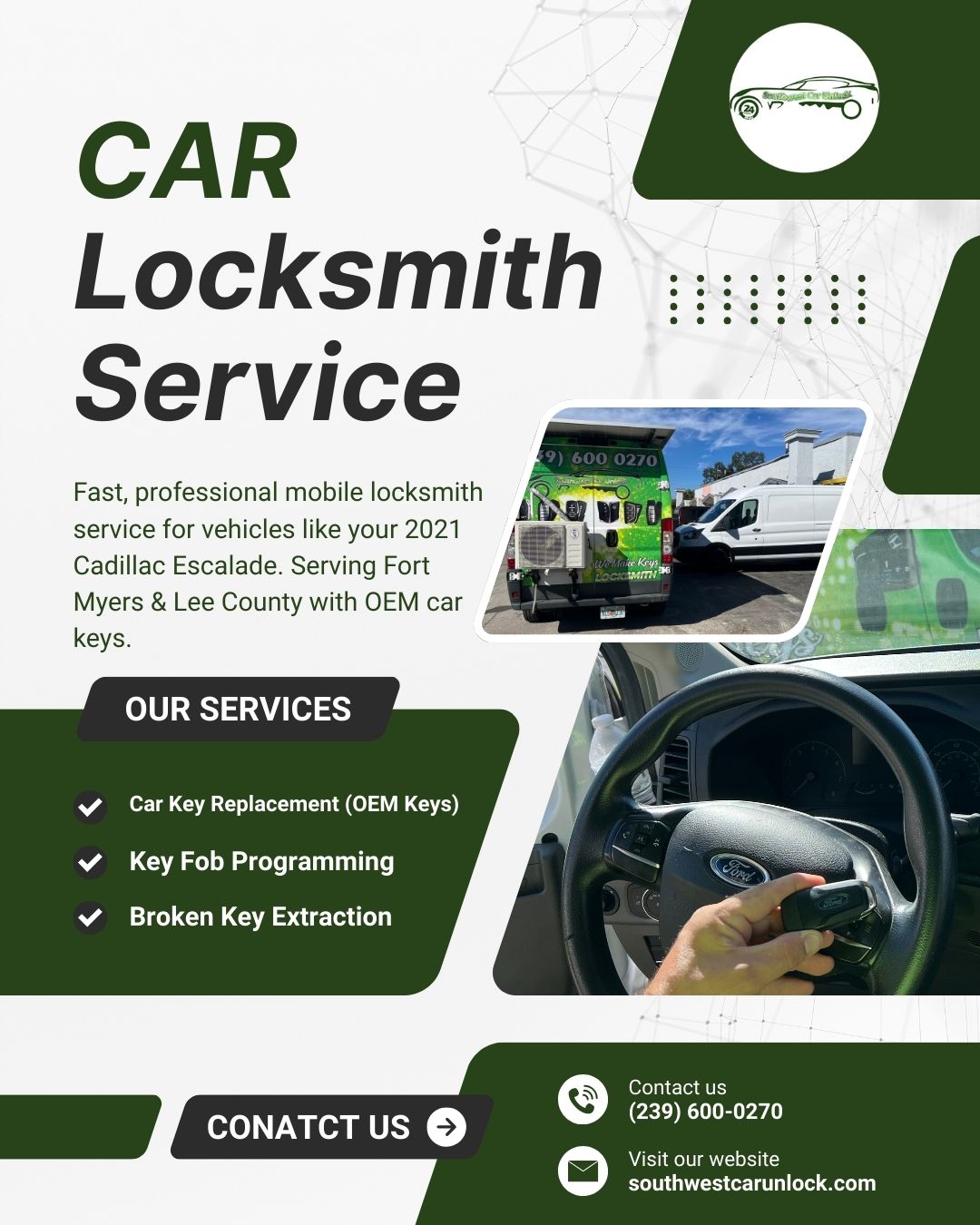 Southwest Car Unlock providing mobile car locksmith service with OEM key replacement for a Cadillac Escalade in Fort Myers, Florida.