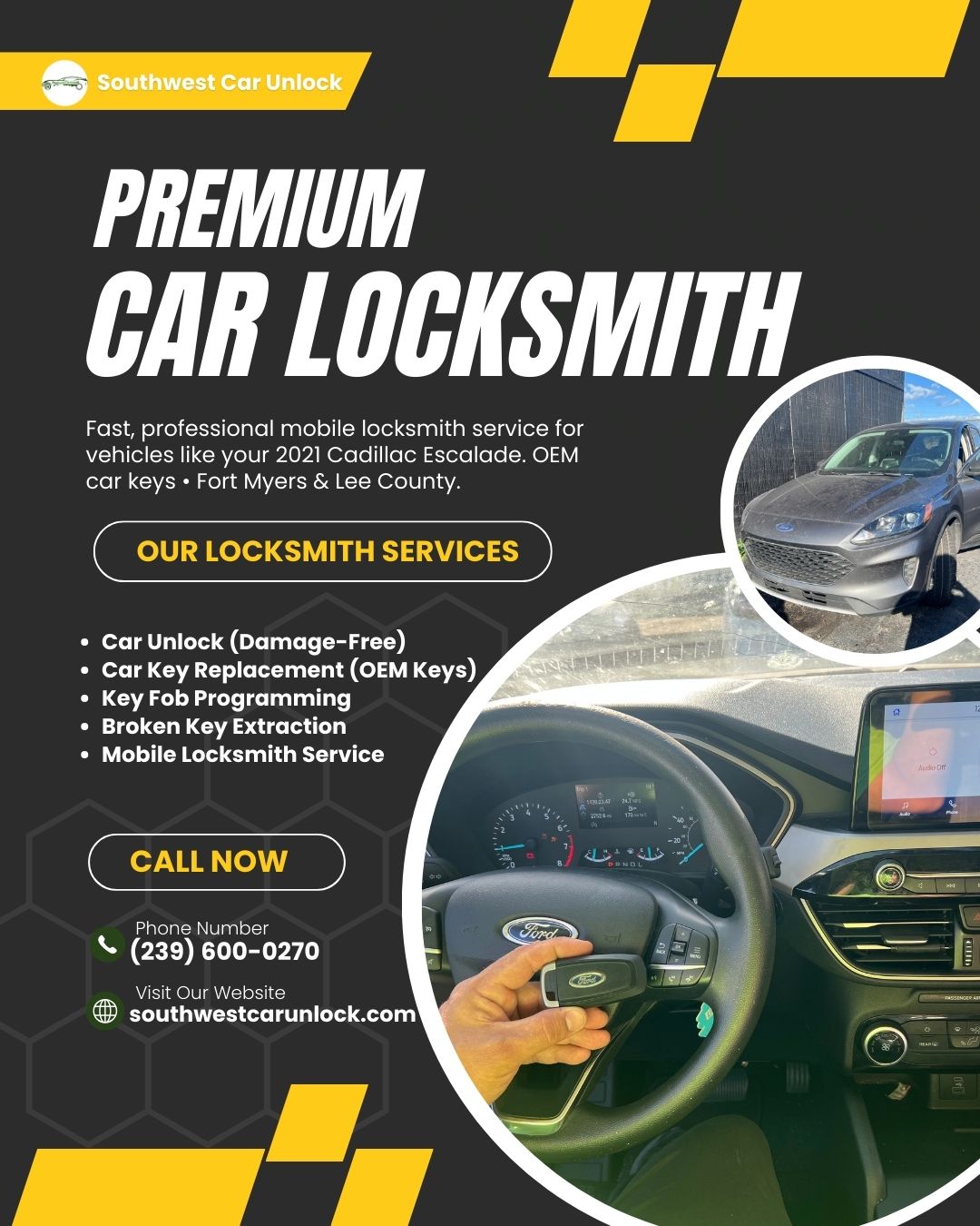 Southwest Car Unlock providing premium mobile car locksmith service with OEM car keys in Fort Myers, Florida.