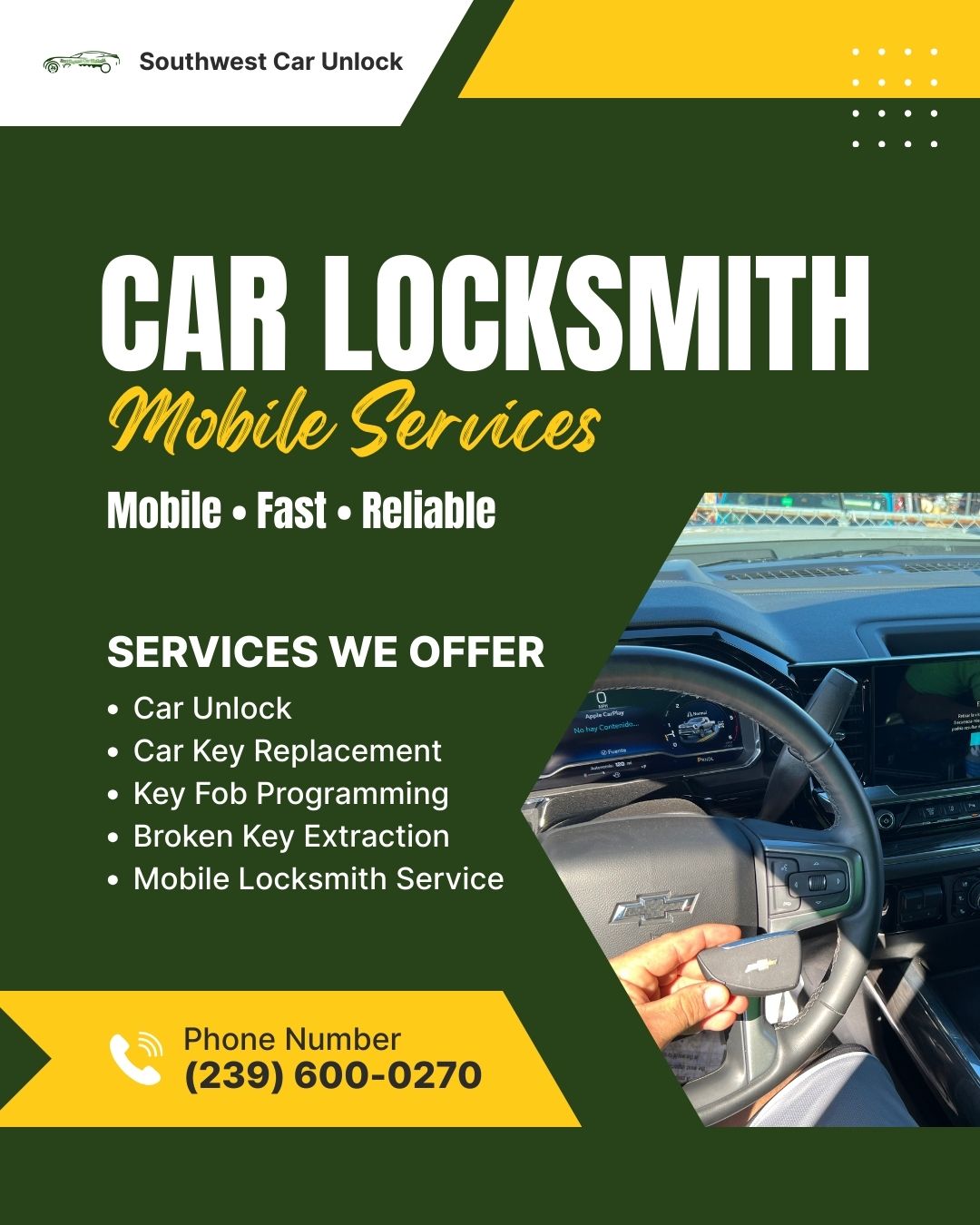 Southwest Car Unlock providing mobile car locksmith services including car unlock and key fob programming in Fort Myers, Florida.