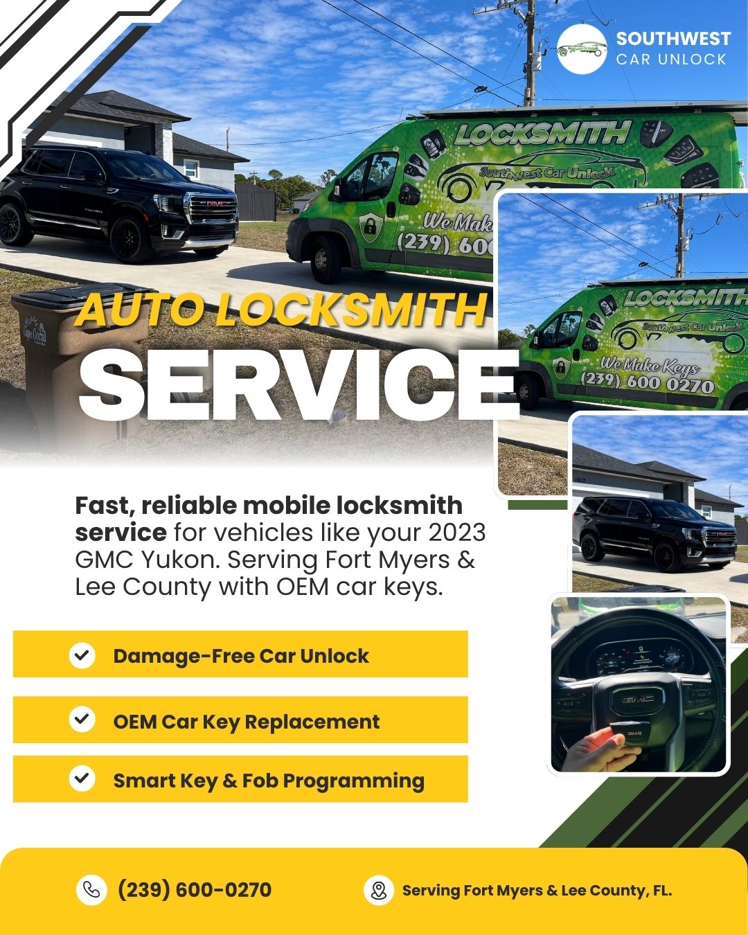Southwest Car Unlock providing mobile auto locksmith service for a 2023 GMC Yukon in Fort Myers, Florida.