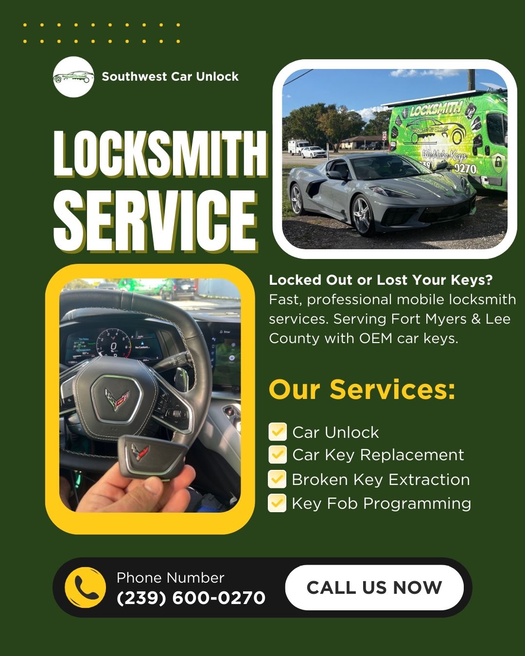 Southwest Car Unlock providing mobile car locksmith service with a green locksmith truck in Fort Myers, Florida.