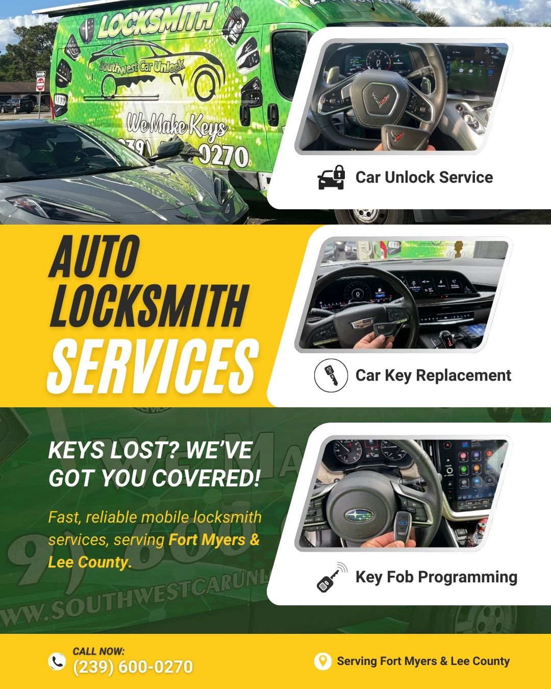 Southwest Car Unlock providing auto locksmith services including car unlock and key fob programming in Fort Myers, Florida.