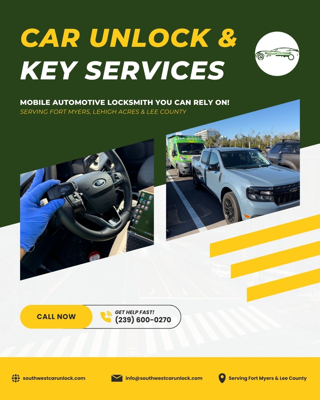 Southwest Car Unlock providing car unlock and OEM key services in Fort Myers, Florida with mobile locksmith service.