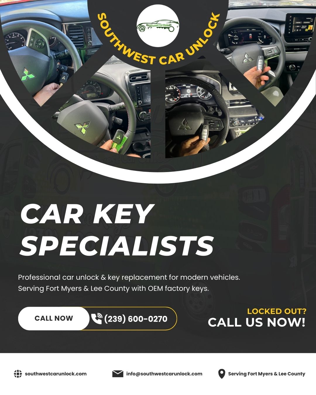 Southwest Car Unlock car key specialists providing OEM key replacement and car unlock services in Fort Myers, Florida.