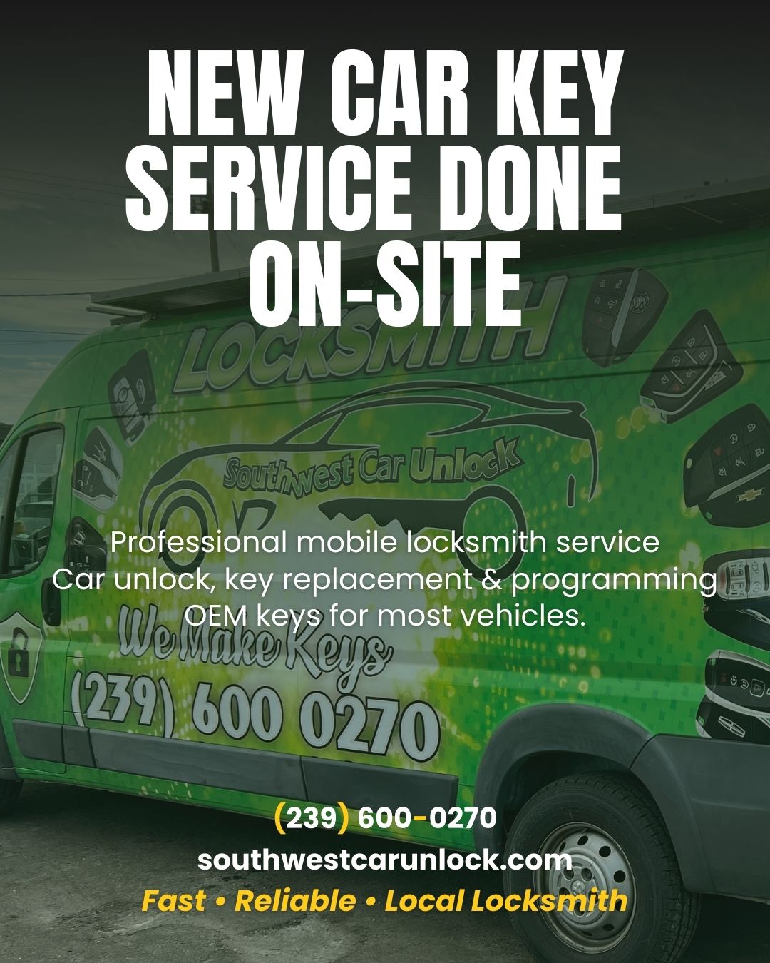 Southwest Car Unlock green locksmith truck providing on-site OEM car key replacement in Fort Myers, Florida.