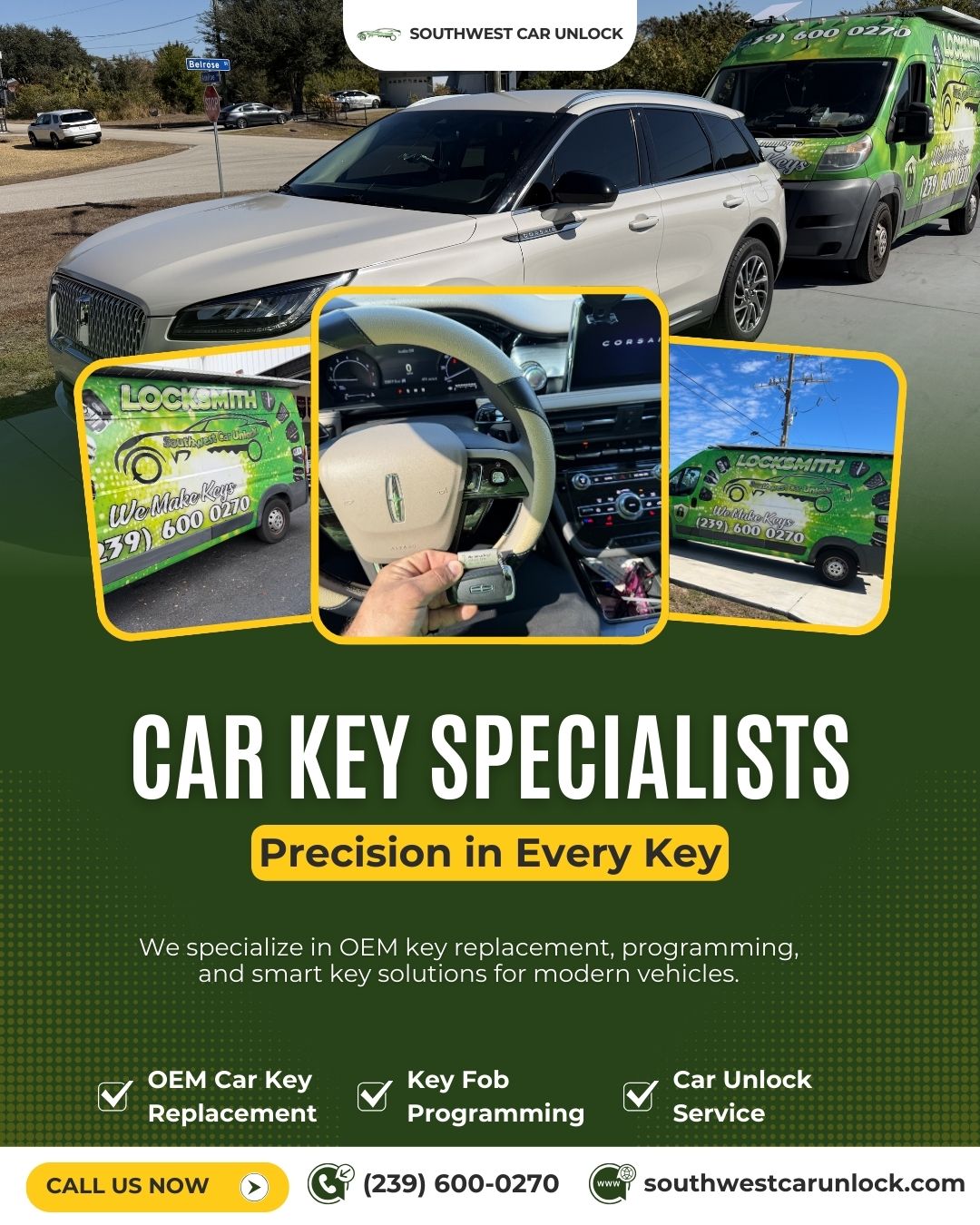 Southwest Car Unlock green locksmith truck providing mobile OEM car key replacement and key fob programming in Fort Myers and Lehigh Acres.