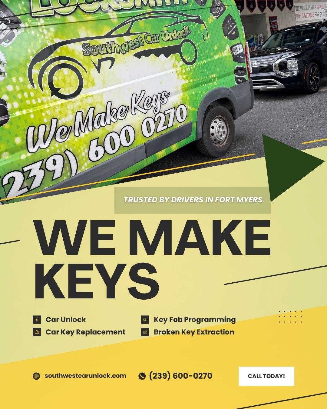 Southwest Car Unlock green locksmith truck providing mobile car key replacement and key fob programming in Fort Myers and Lehigh Acres Florida.
