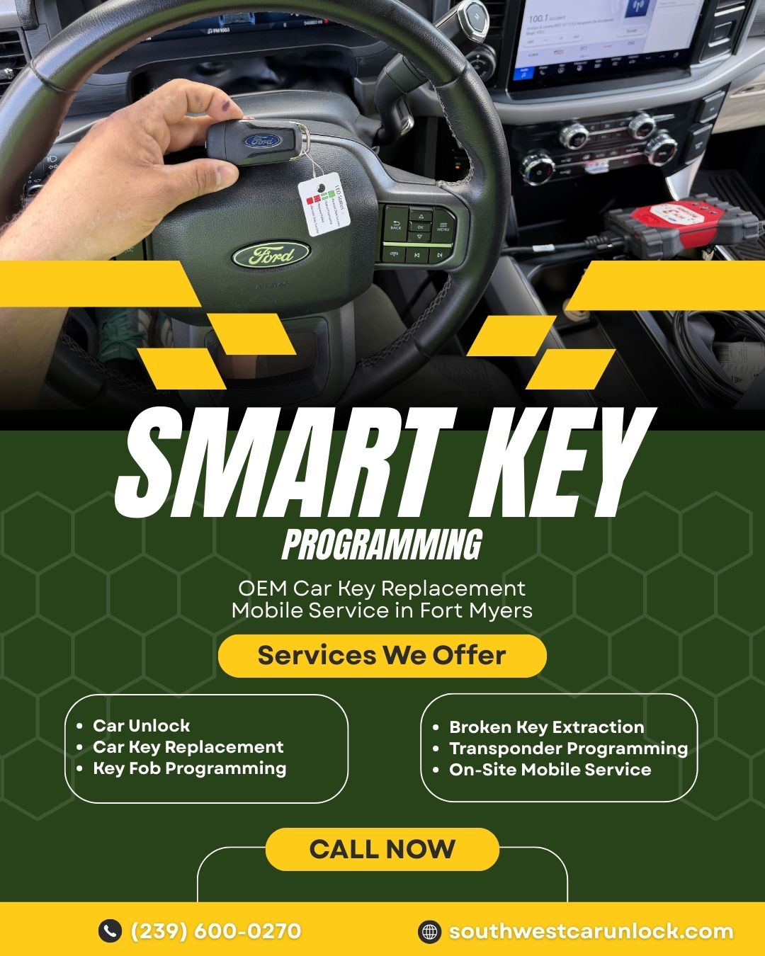 Southwest Car Unlock performing smart key programming and OEM car key replacement inside vehicle in Fort Myers Florida.